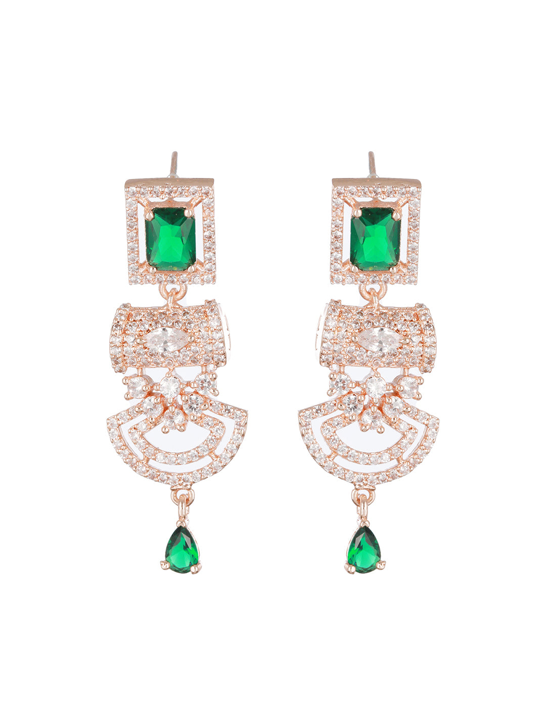 Green & Rose Gold Plated AD Studded Rectangular Drop Earrings - Jazzandsizzle