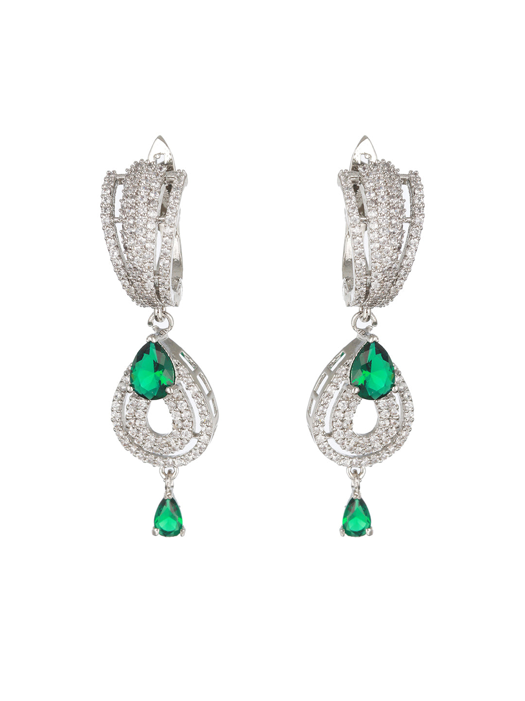 Green & White Rhodium Plated AD Studded Teardrop Earrings - Jazzandsizzle