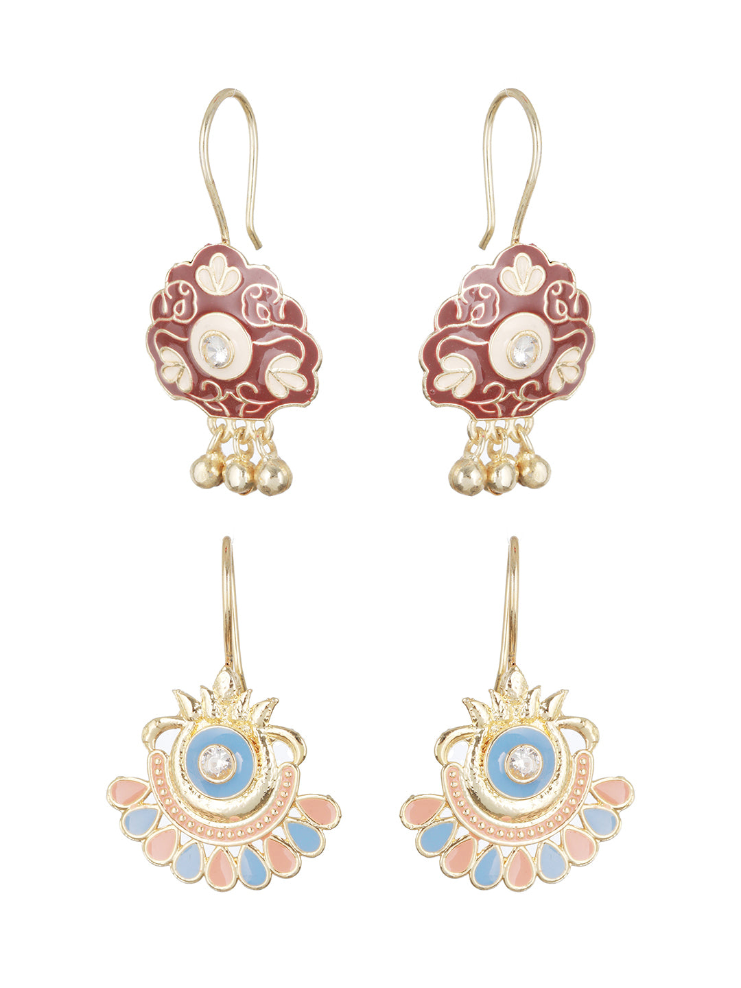 Set of 2 Maroon & Blue Meenakari Gold-Plated Drop Earrings - Jazzandsizzle