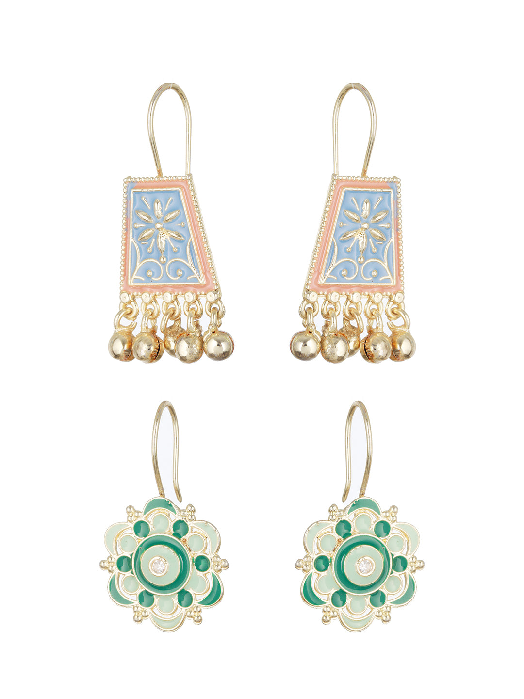 Set of 2 Blue & Green Contemporary Gold-Plated Drop Earrings - Jazzandsizzle