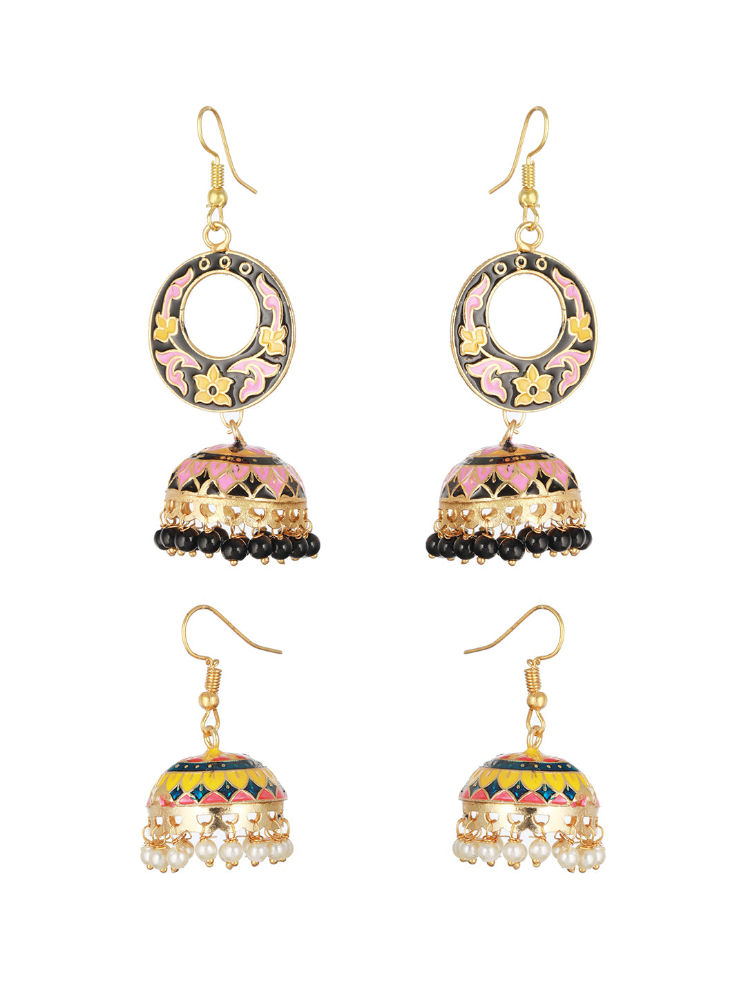 Set OF 2 Pink & Yellow Gold Plated Contemporary Meenakari Jhumkas Earrings - Jazzandsizzle