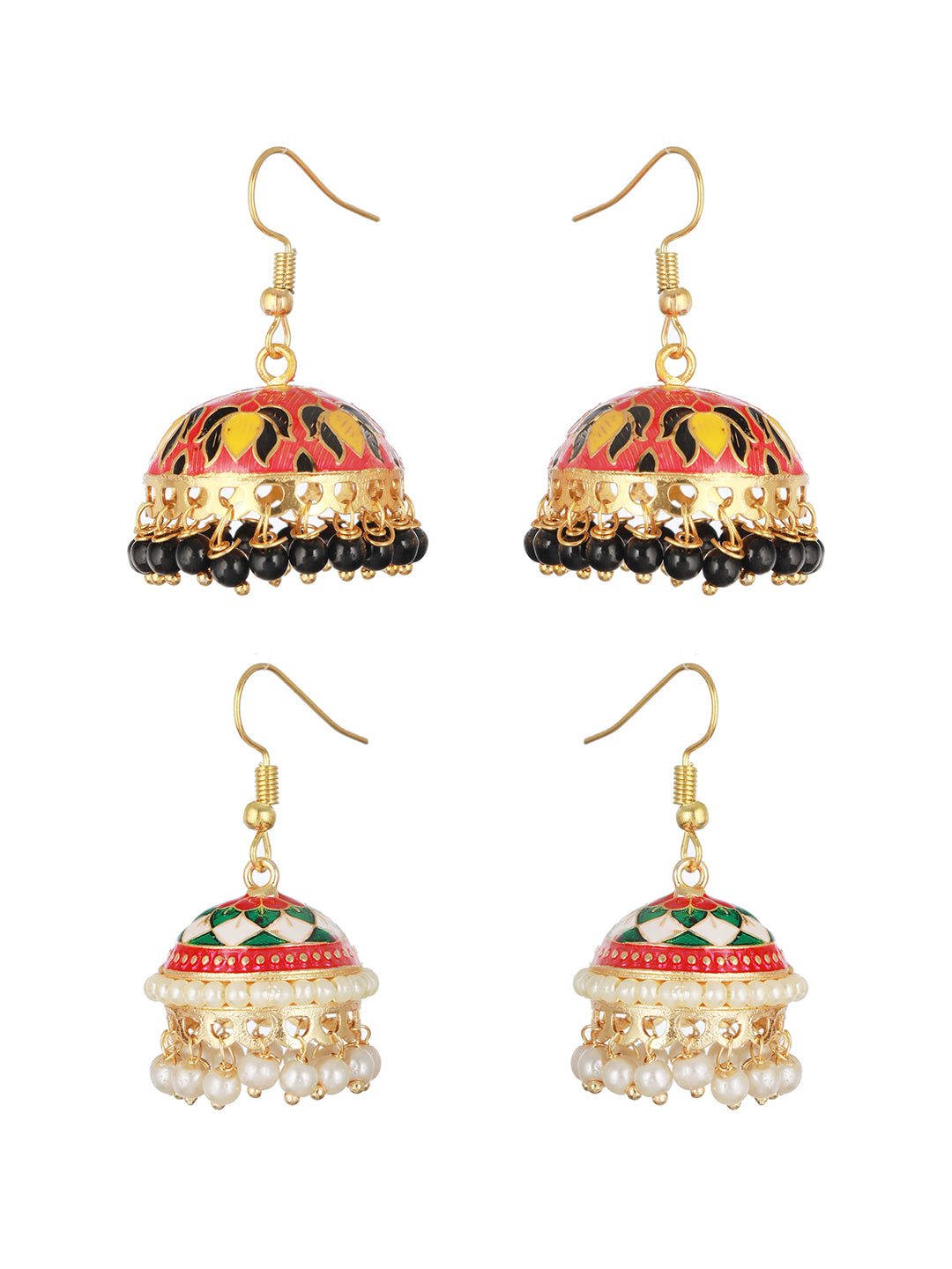 Set OF 2 Pair Pink & White Gold Plated Meenakari Jhumkas Earrings - Jazzandsizzle