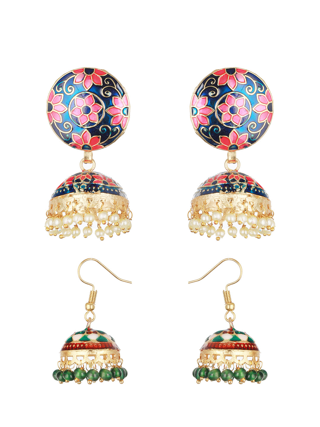 Set OF 2 Black & Green Gold Plated Dome Shaped Meenakari Jhumkas Earrings - Jazzandsizzle