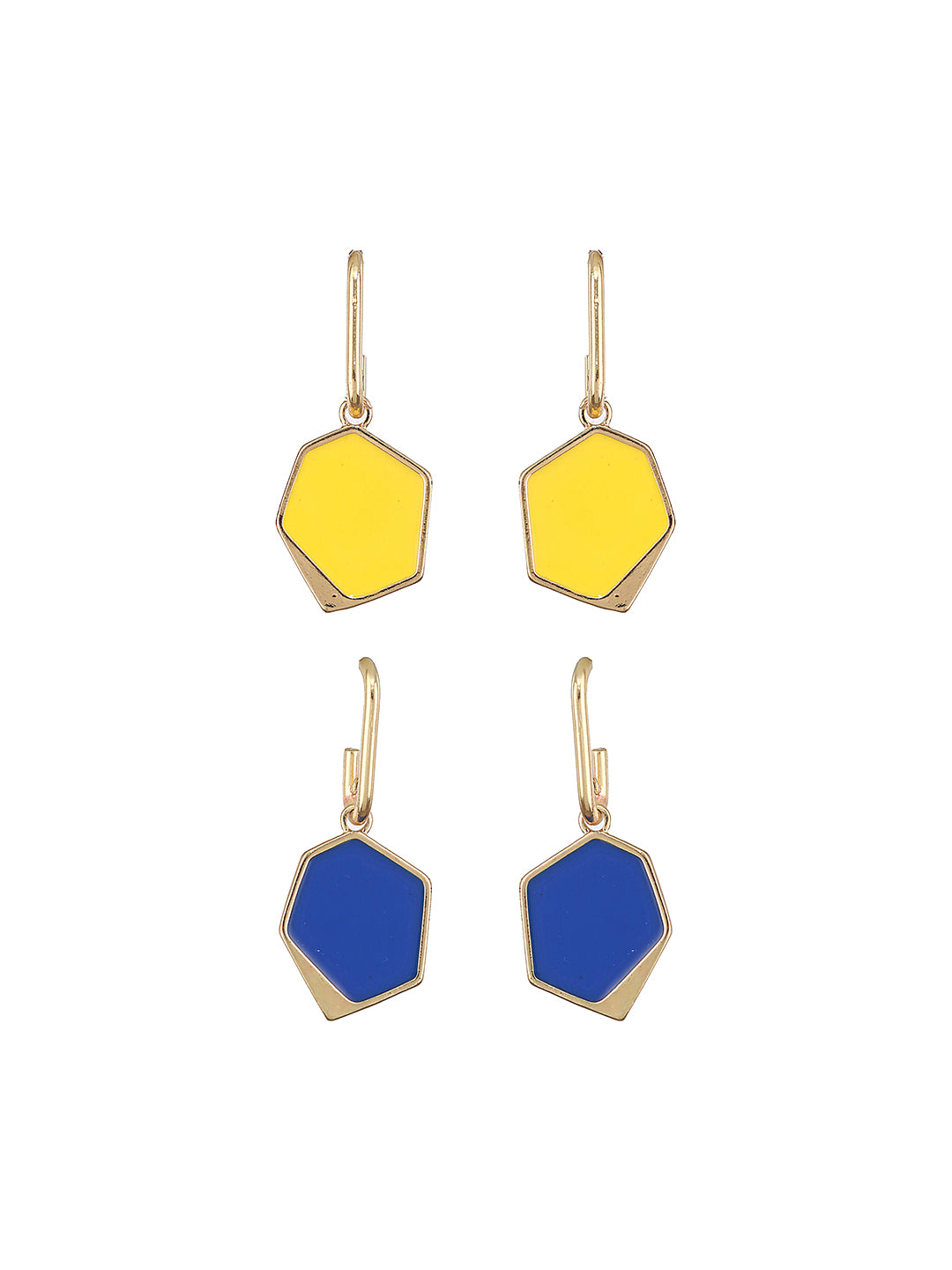 Gold-Toned Blue & Yellow Stone-Studded Contemporary Drop Earrings