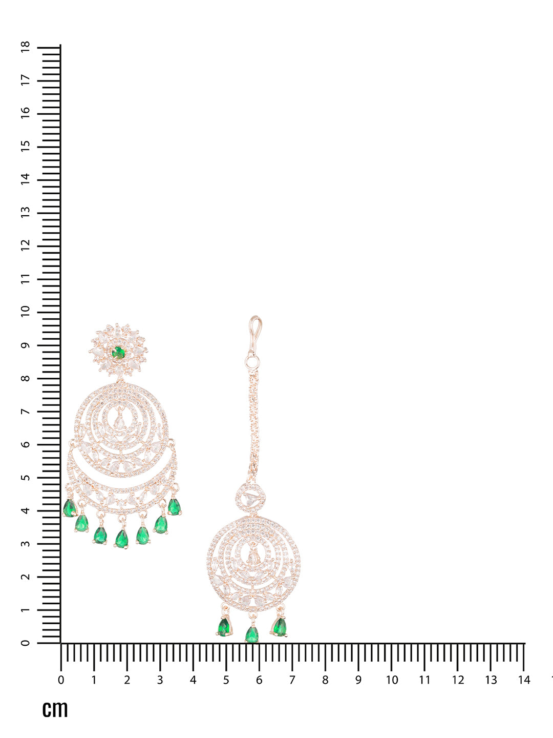 Rosegold-Plated Green American Diamond Studded Maang Tikka And Earrings Set