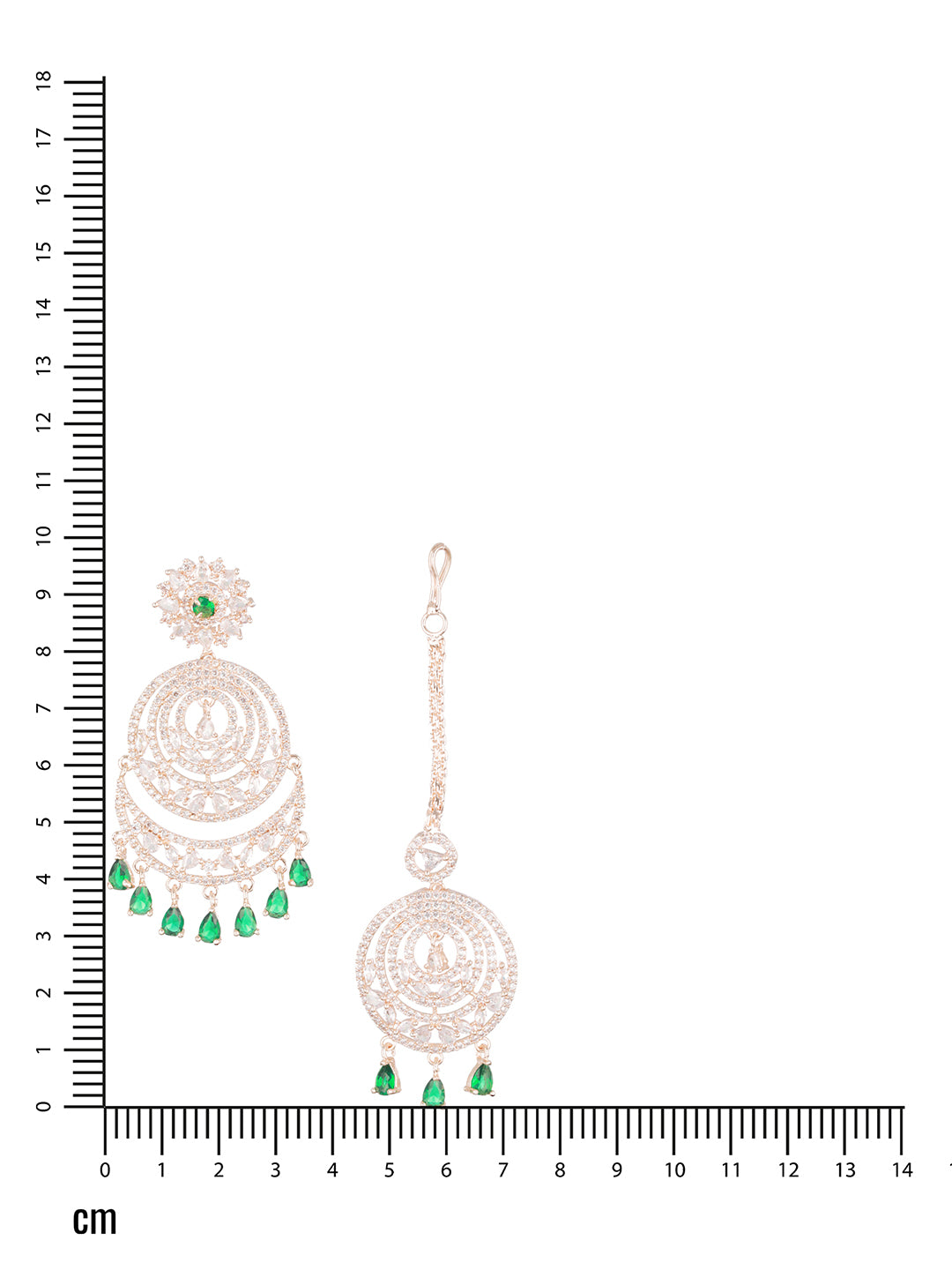 Rosegold-Plated Green American Diamond Studded Maang Tikka And Earrings Set - Jazzandsizzle