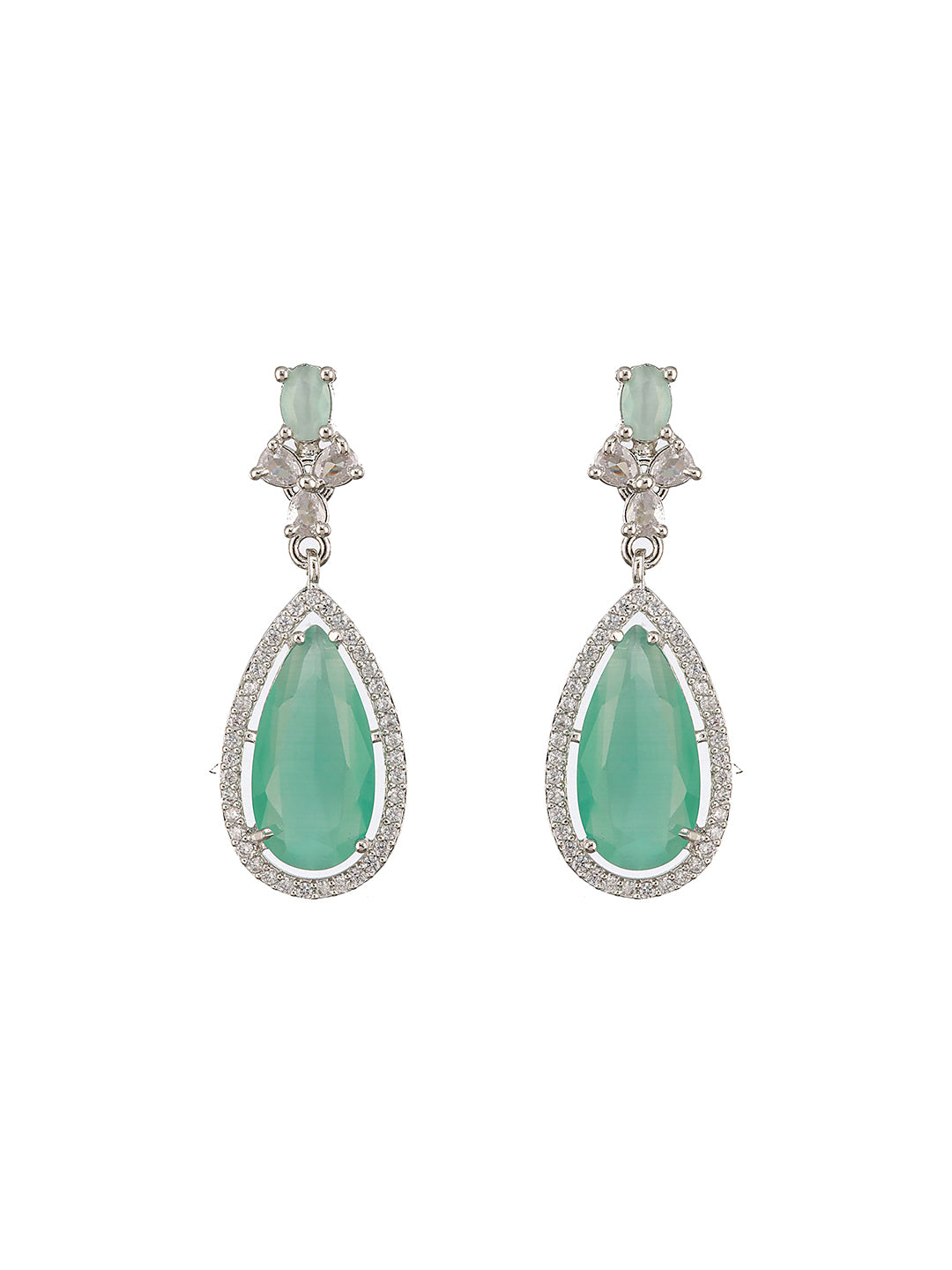 Rhodium-Plated Mint Green American Diamond Studded Handcrafted Jewelry Set