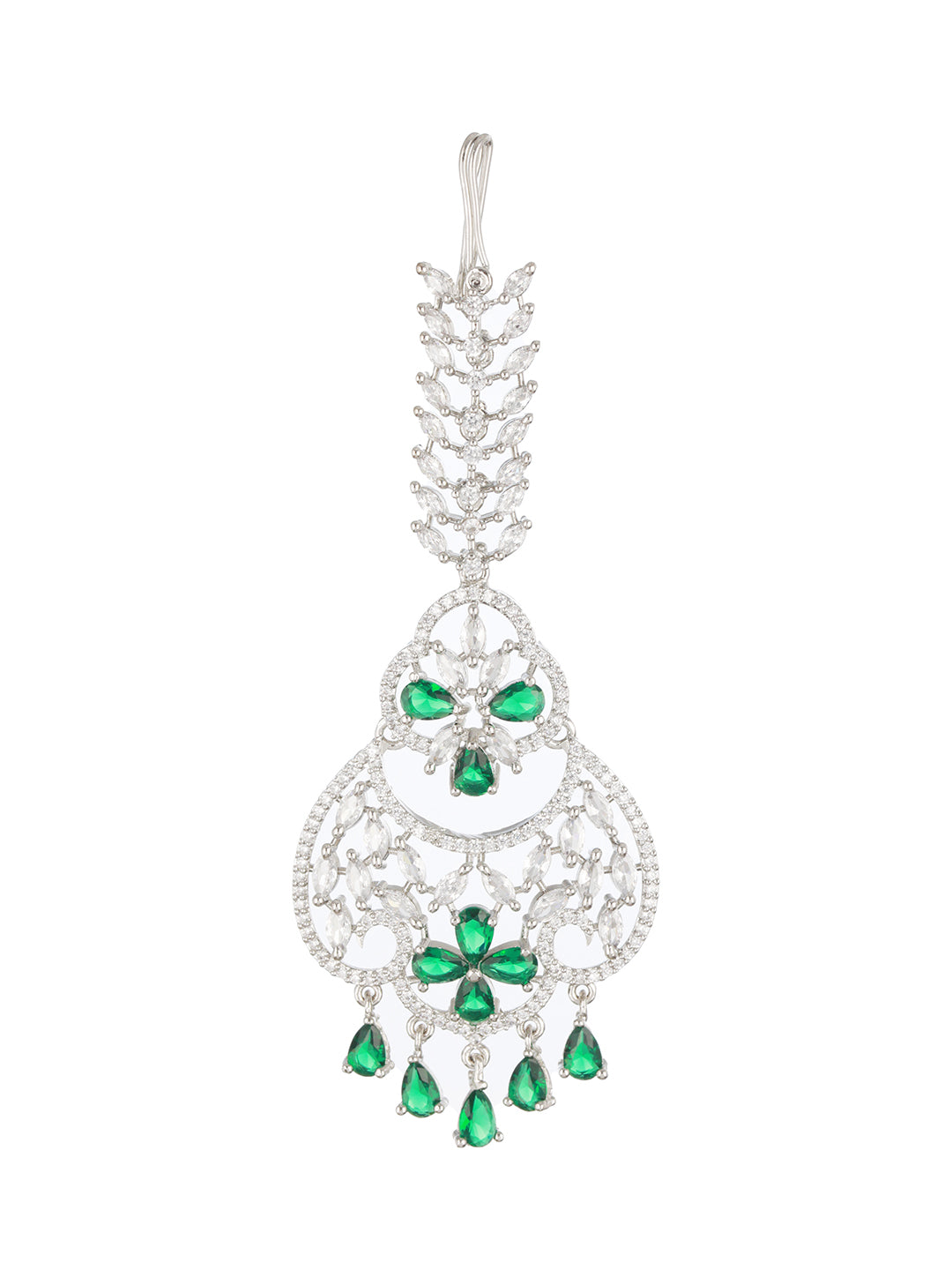 Silver-Plated & Green American Diamond & White CZ-Studded Handcrafted Maang Tikka - Jazzandsizzle