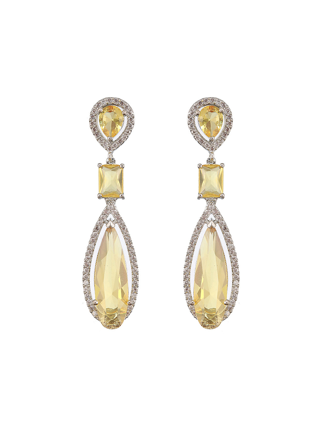 Jazz And Sizzle Rhodium-Plated Yellow American Diamond Studded Handcrafted Necklace &amp; Earrings Set with Adjustable Ring