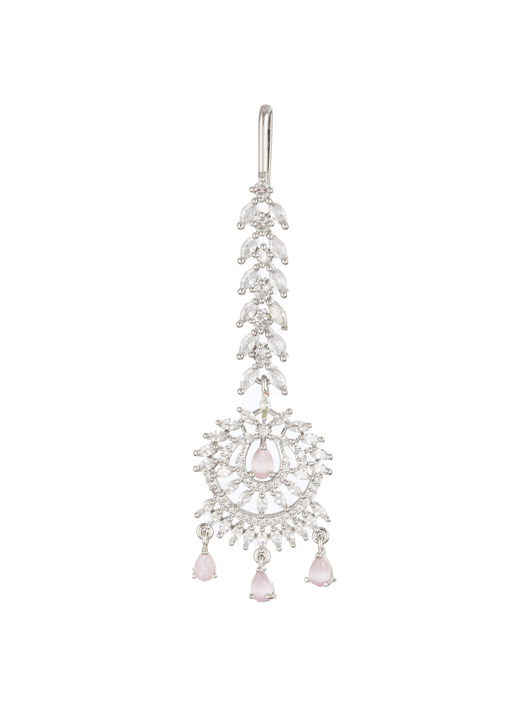 Rhodium-Plated Pink & White AD Studded Maang Tikka - Jazzandsizzle