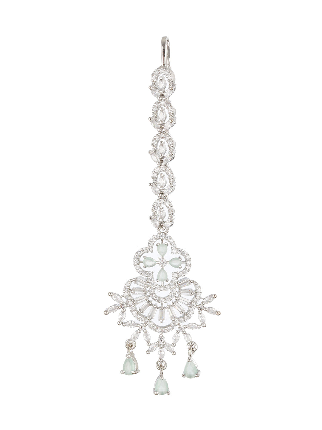 Rhodium-Plated Green & White AD Studded Maang Tikka - Jazzandsizzle