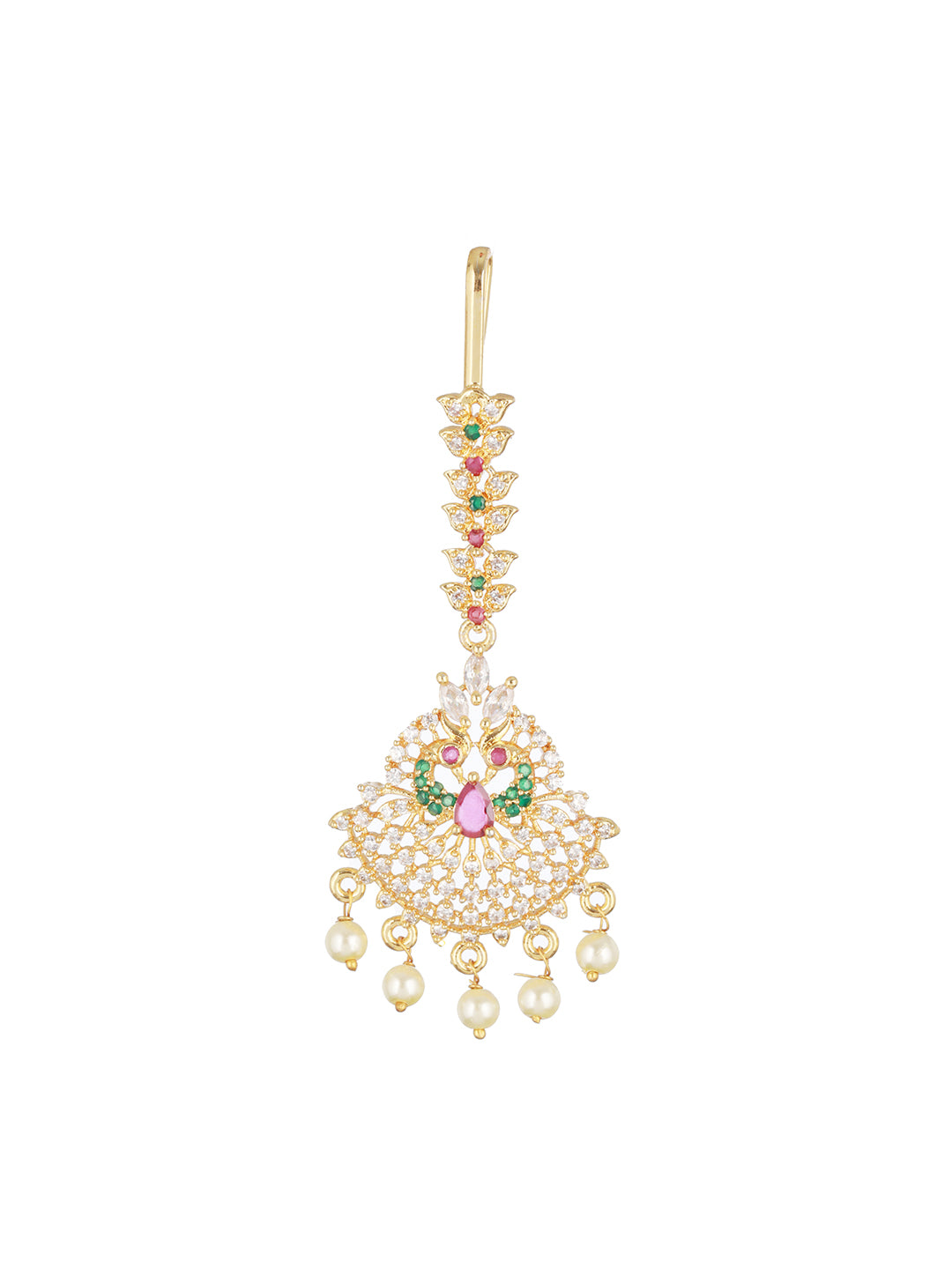 Jazz And Sizzle 24k Gold-Plated Red & White AD-Studded & Beige Beaded Handcrafted Maang Tikka - Jazzandsizzle