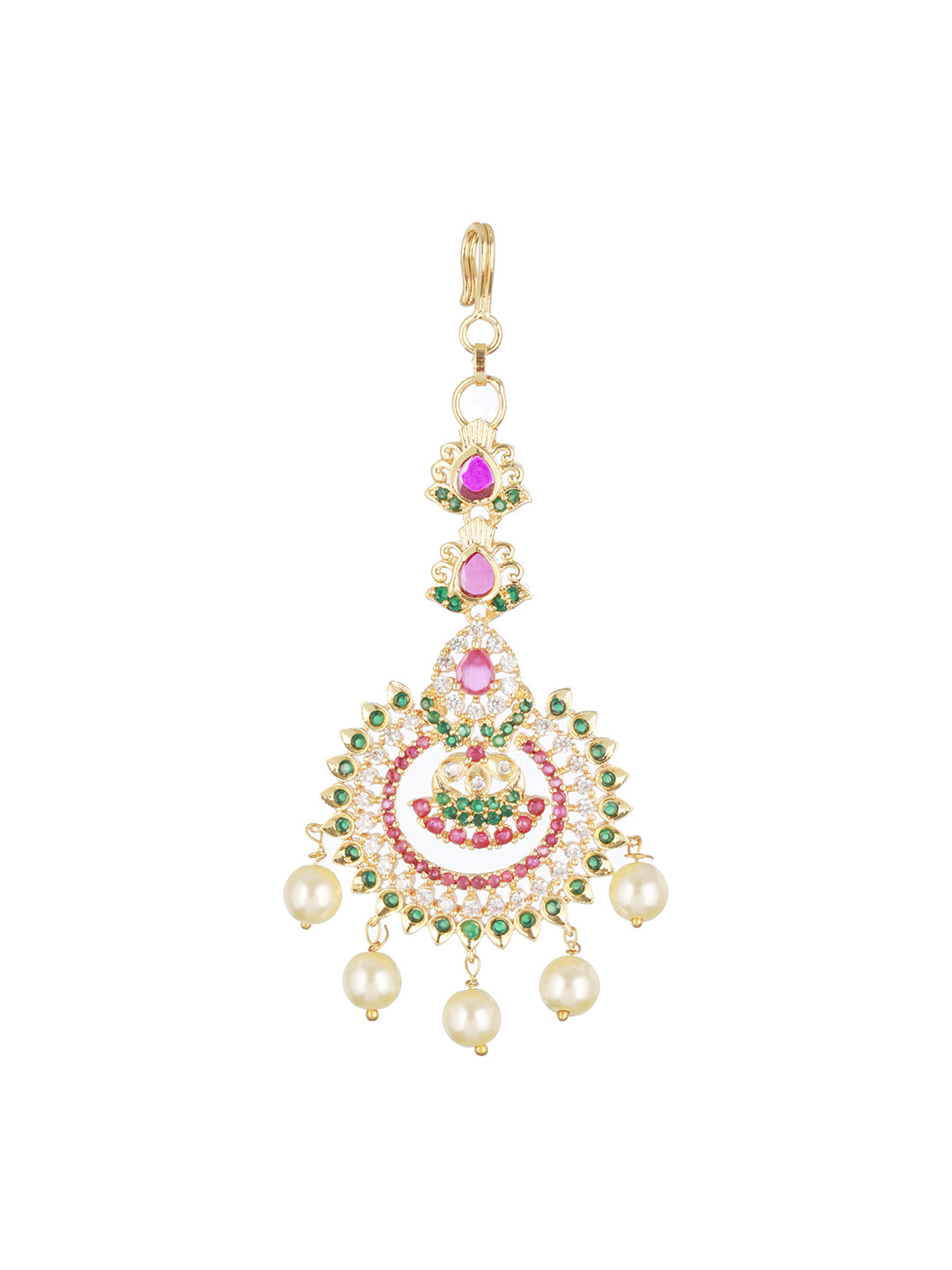 24K Gold-Plated Red & Green Stone-Studded & White AD Studded Temple Maangtika - Jazzandsizzle