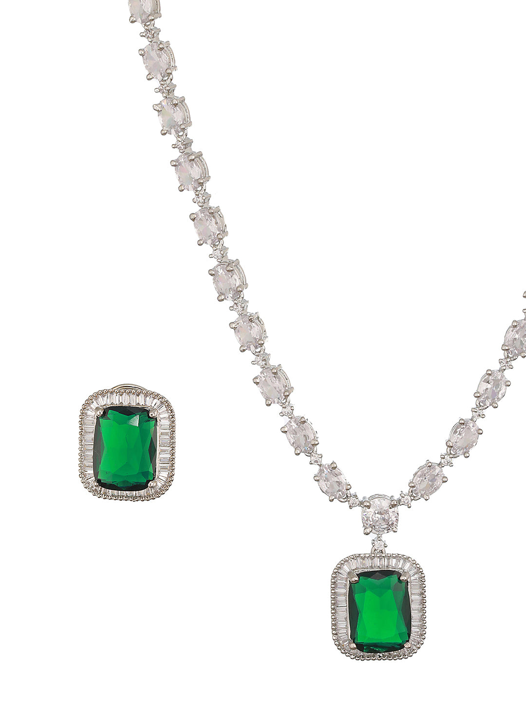 Jazz And Sizzle Rhodium-Plated Green American Diamond Studded Handcrafted Necklace Pendent Set With Earrings