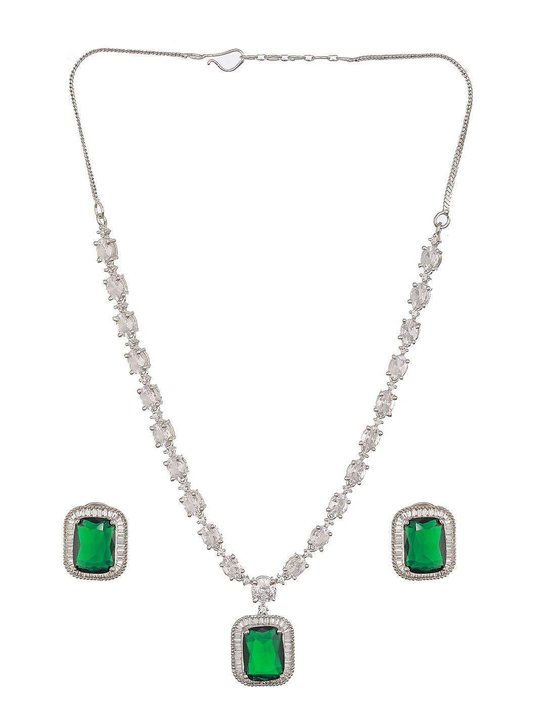 Jazz And Sizzle Rhodium-Plated Green American Diamond Studded Handcrafted Necklace Pendent Set With Earrings