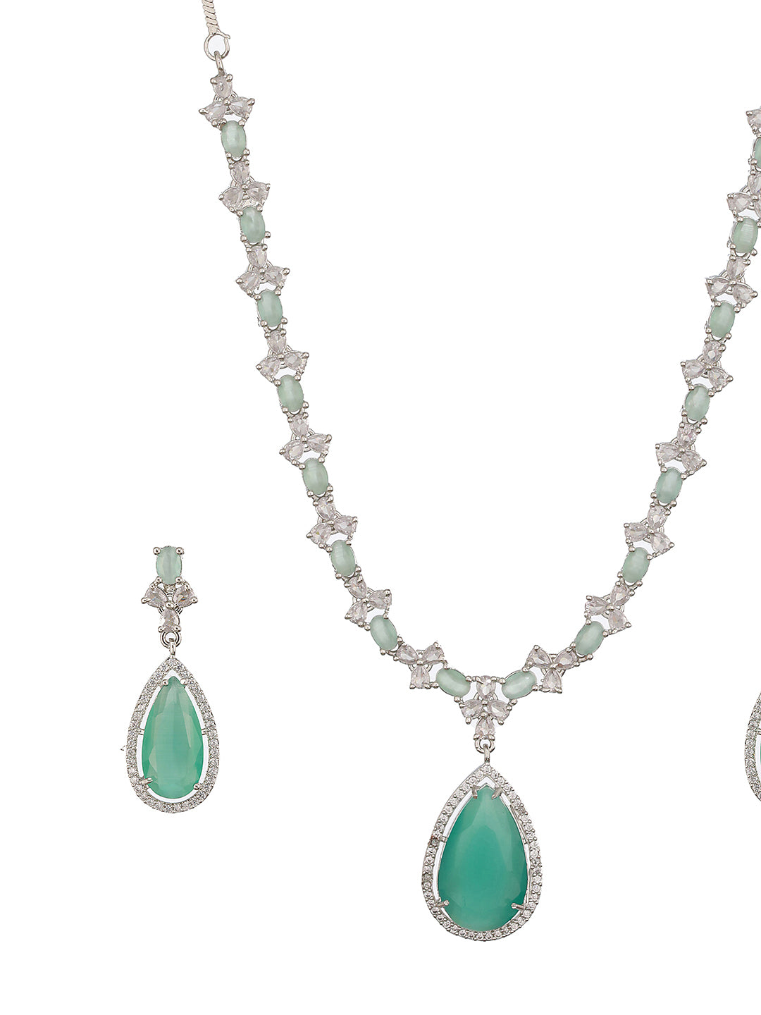 Rhodium-Plated Mint Green American Diamond Studded Handcrafted Jewelry Set