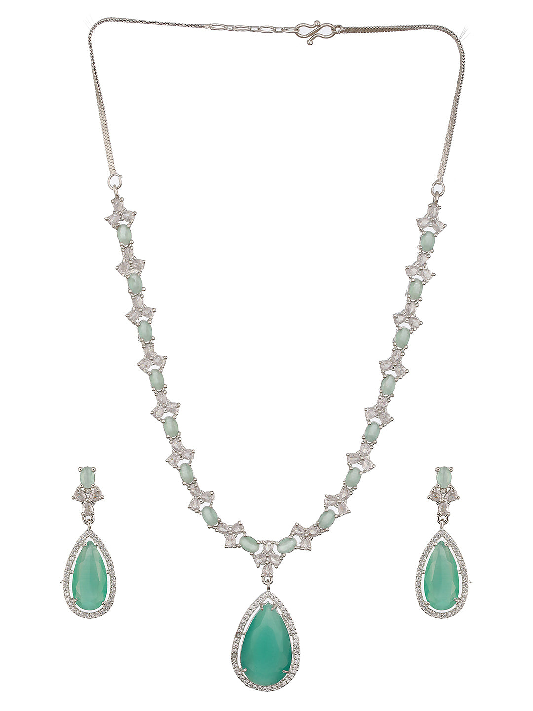 Rhodium-Plated Mint Green American Diamond Studded Handcrafted Jewelry Set