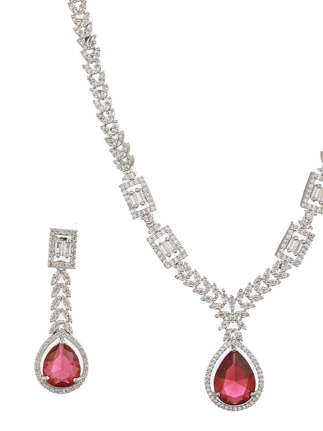 Jazz And Sizzle Silver-Plated Red AD-Studded Jewellery Set - Jazzandsizzle