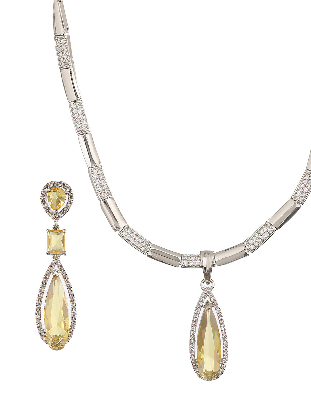 Jazz And Sizzle Rhodium-Plated Yellow American Diamond Studded Handcrafted Necklace &amp; Earrings Set with Adjustable Ring