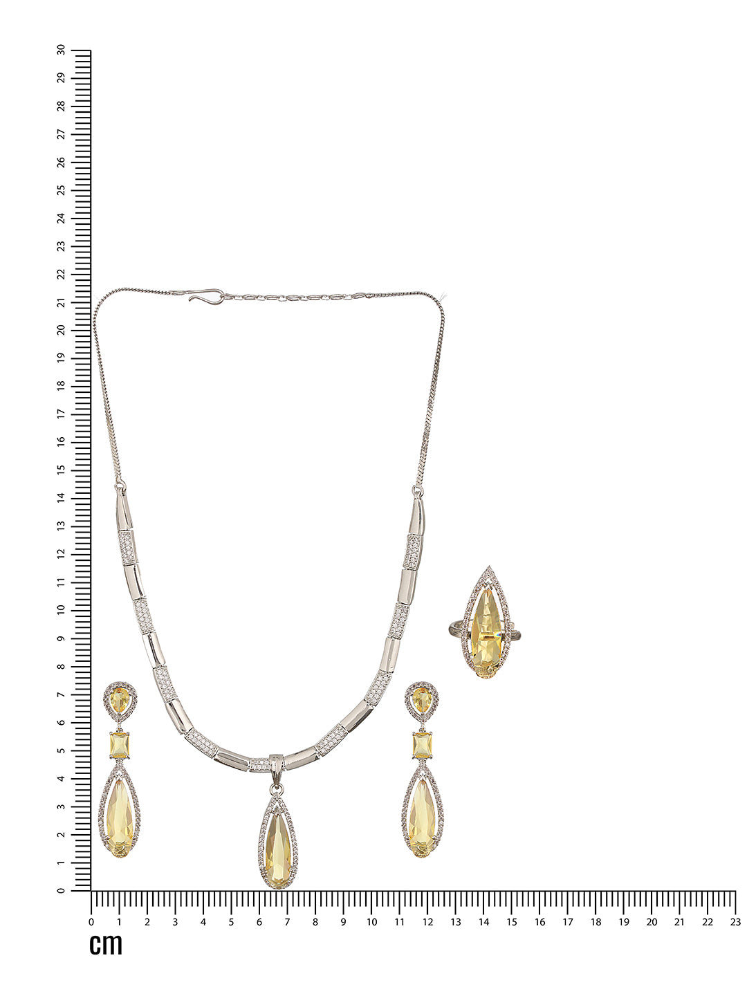 Jazz And Sizzle Rhodium-Plated Yellow American Diamond Studded Handcrafted Necklace &amp; Earrings Set with Adjustable Ring