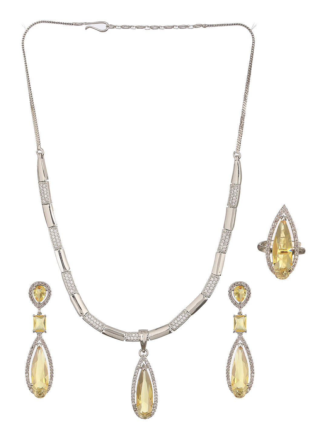 Jazz And Sizzle Rhodium-Plated Yellow American Diamond Studded Handcrafted Necklace &amp; Earrings Set with Adjustable Ring