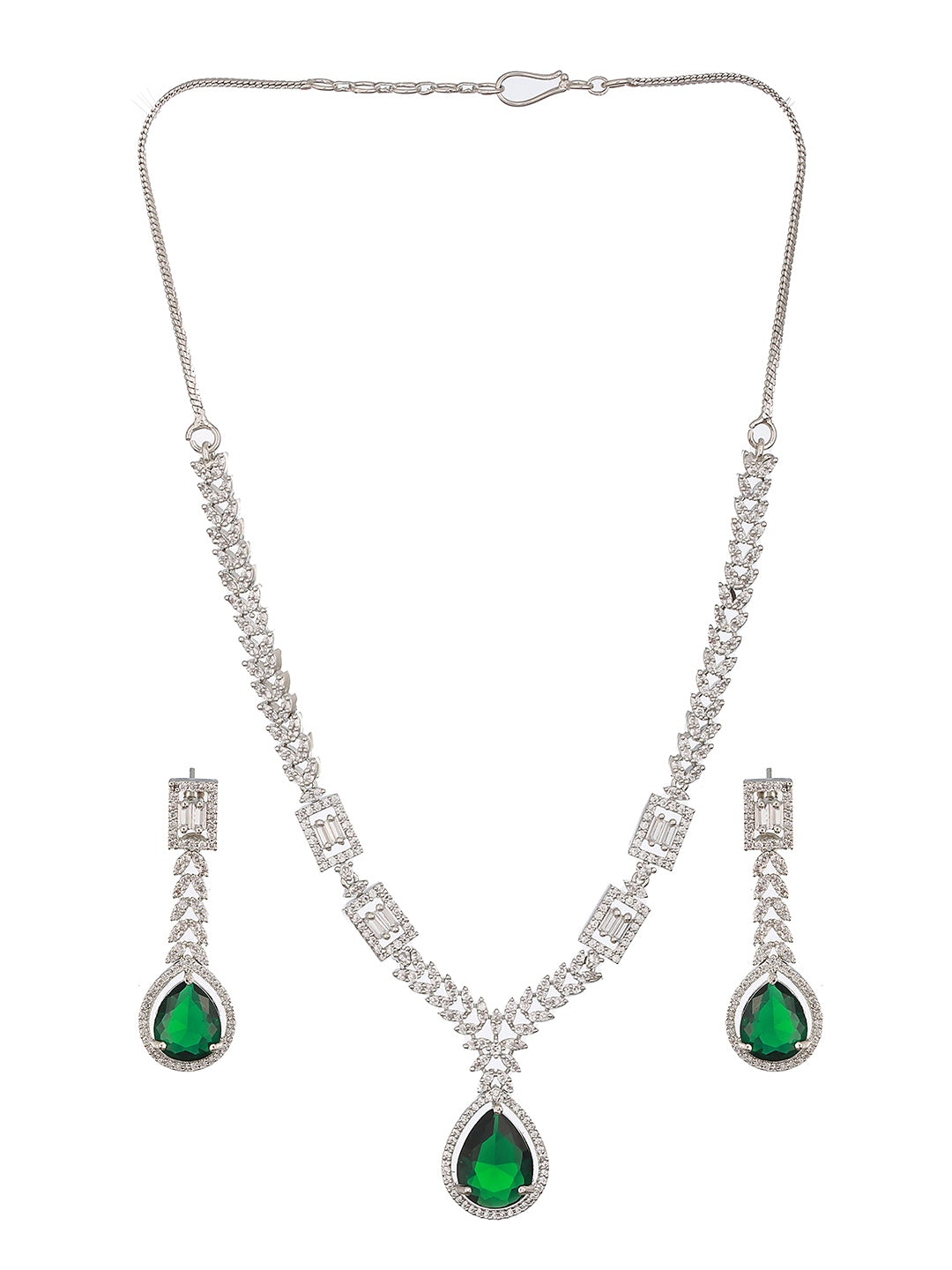 Jazz And Sizzle Silver-Plated Green American Diamond-Studded Jewelry Set - Jazzandsizzle