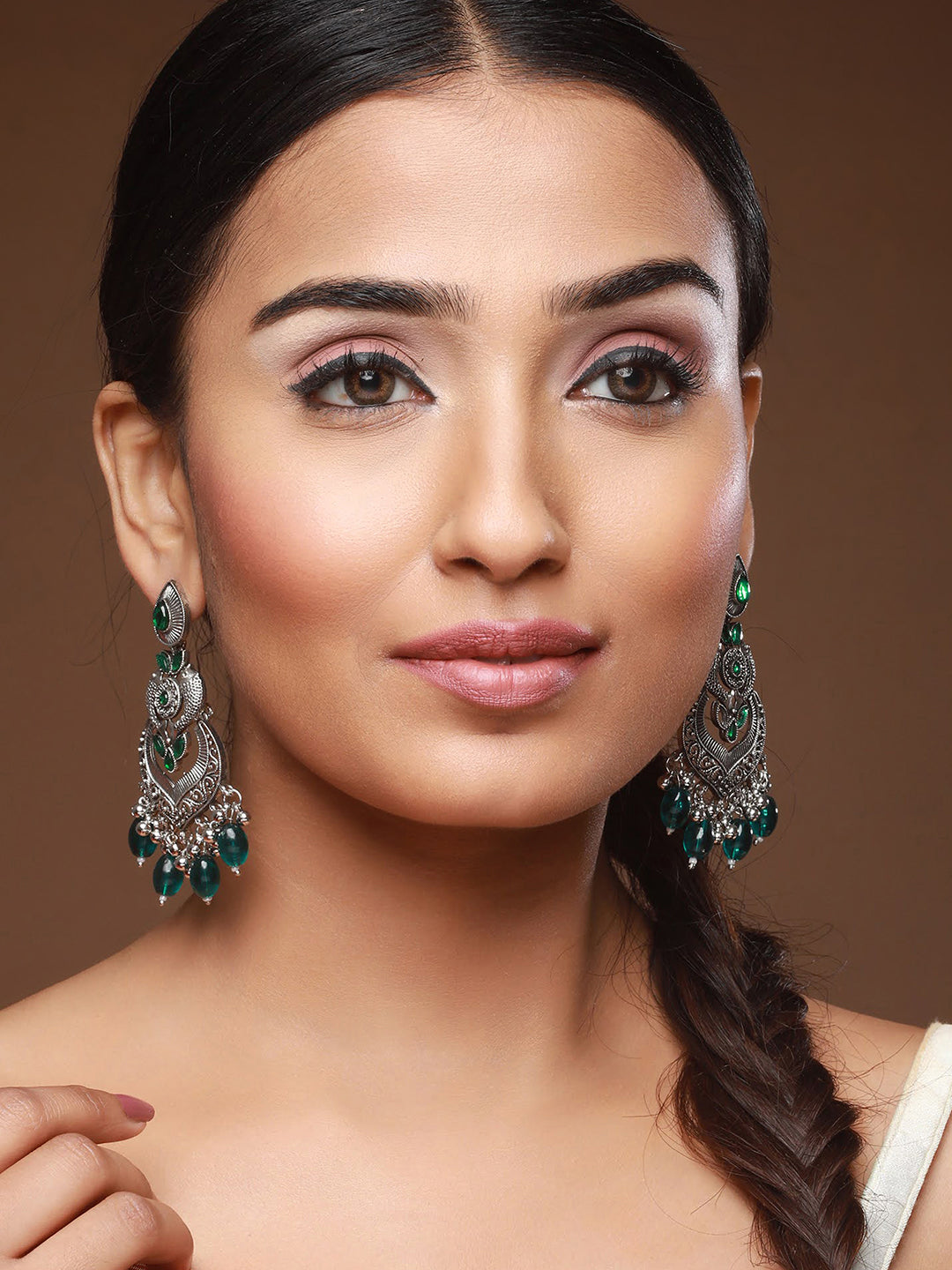 Green Silver-Plated Kundan Studded Fish Shaped Chandbalis - Jazzandsizzle