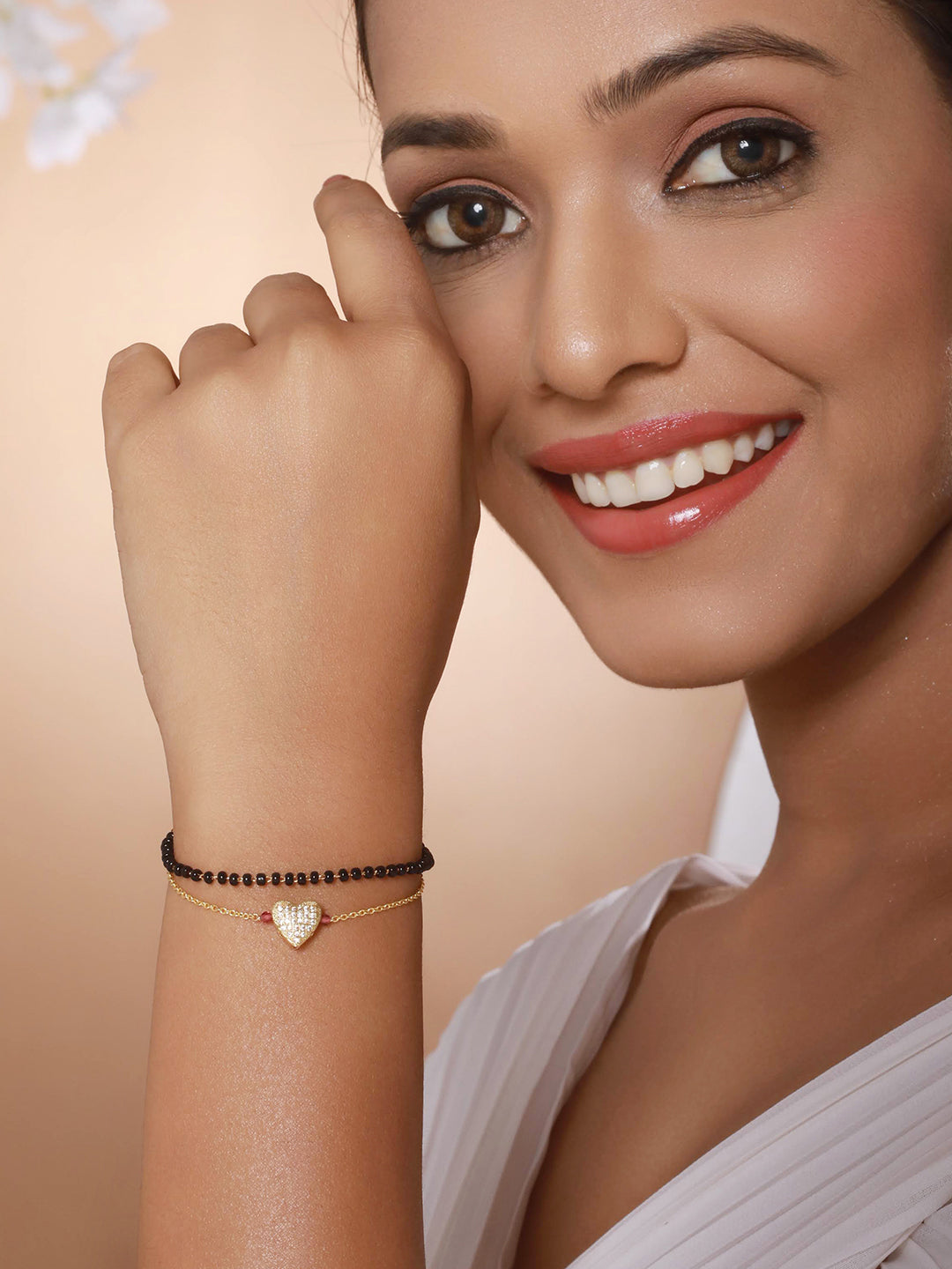 Gold-Plated Beaded Wraparound Heart Shaped Mangalsutra Bracelet