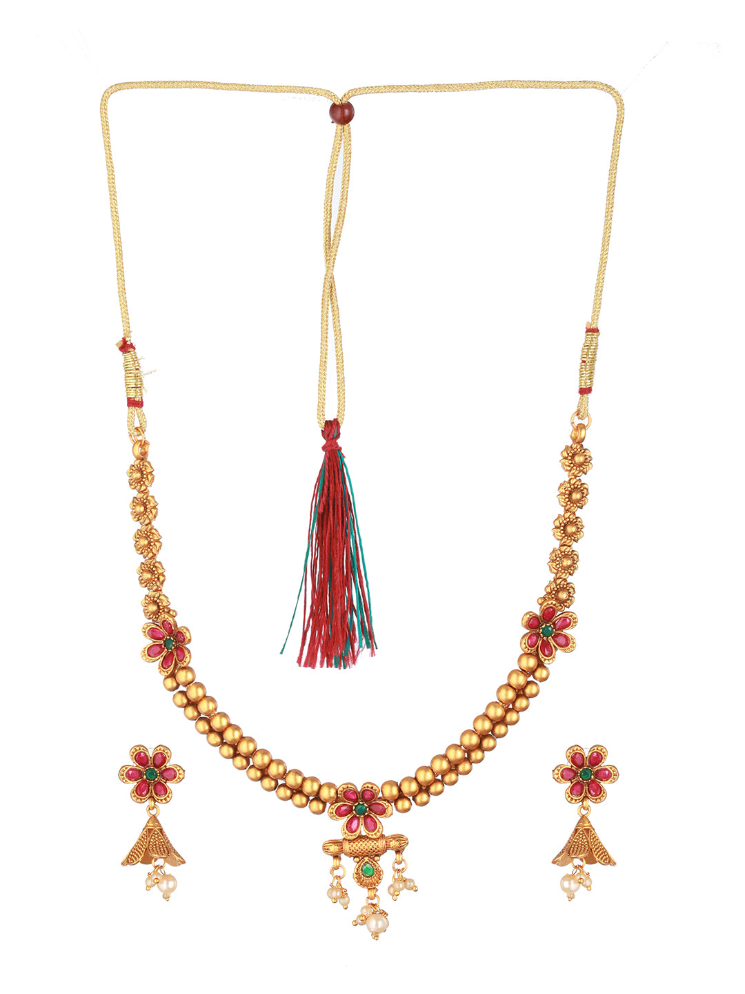 Gold-Plated Stone-Studded & Beaded Temple Necklace & Earrings - Jazzandsizzle