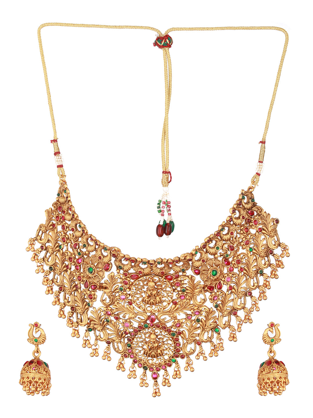 Jazz And Sizzle Gold-Plated Stone-Studded & Beaded Temple Necklace & Earrings - Jazzandsizzle