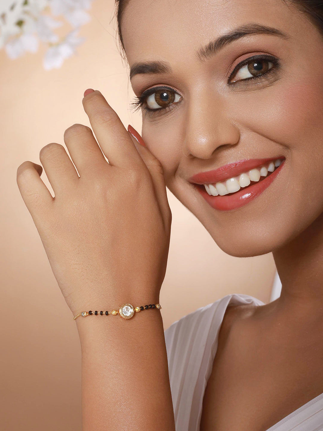 Jazz And Sizzle Gold-Plated Crystals Studded & Beaded Link Hand Mangal sutra Bracelet - Jazzandsizzle