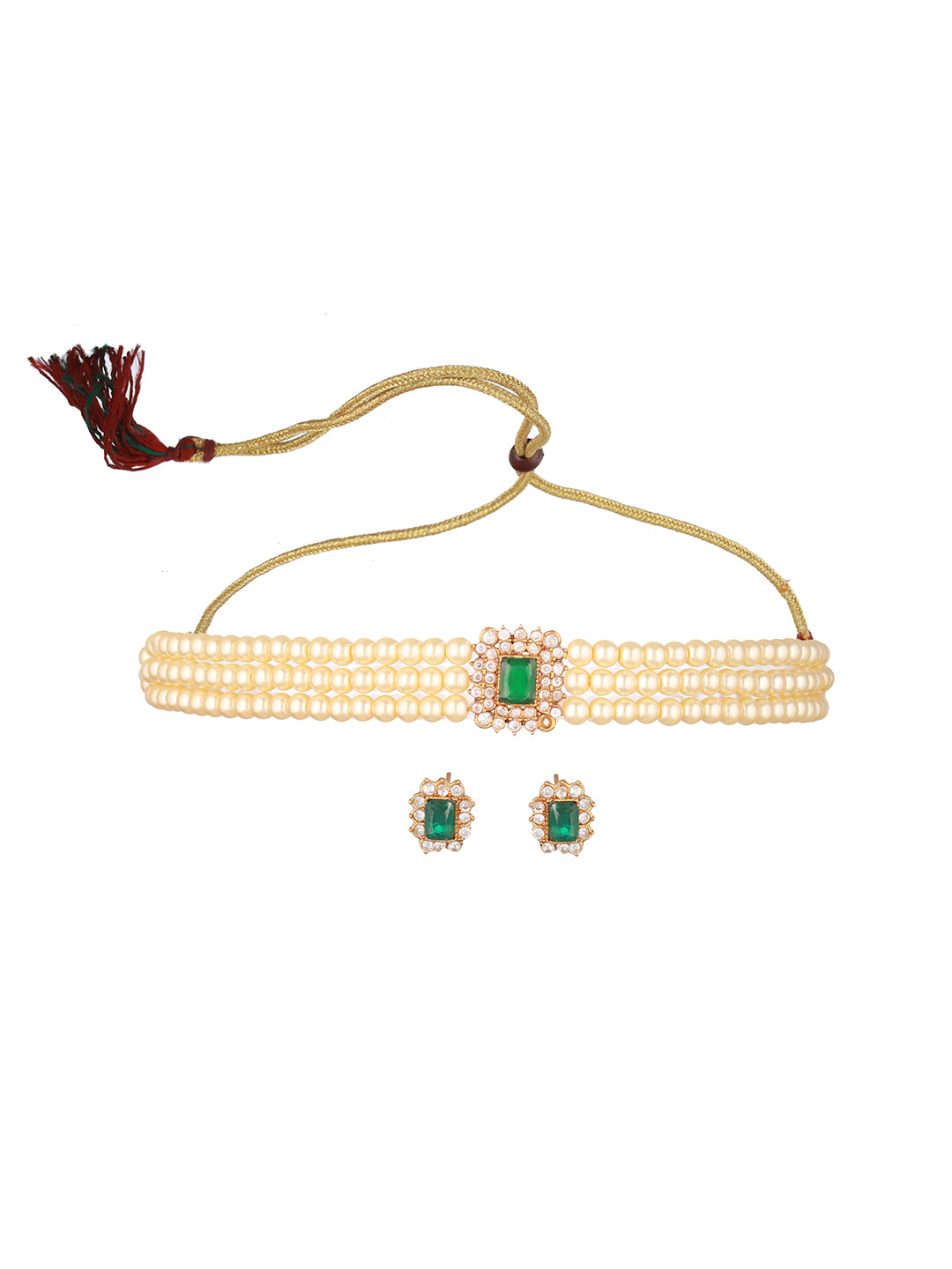 Gold-Plated Green Stone-Studded & Beaded Choker Necklace & Earrings - Jazzandsizzle