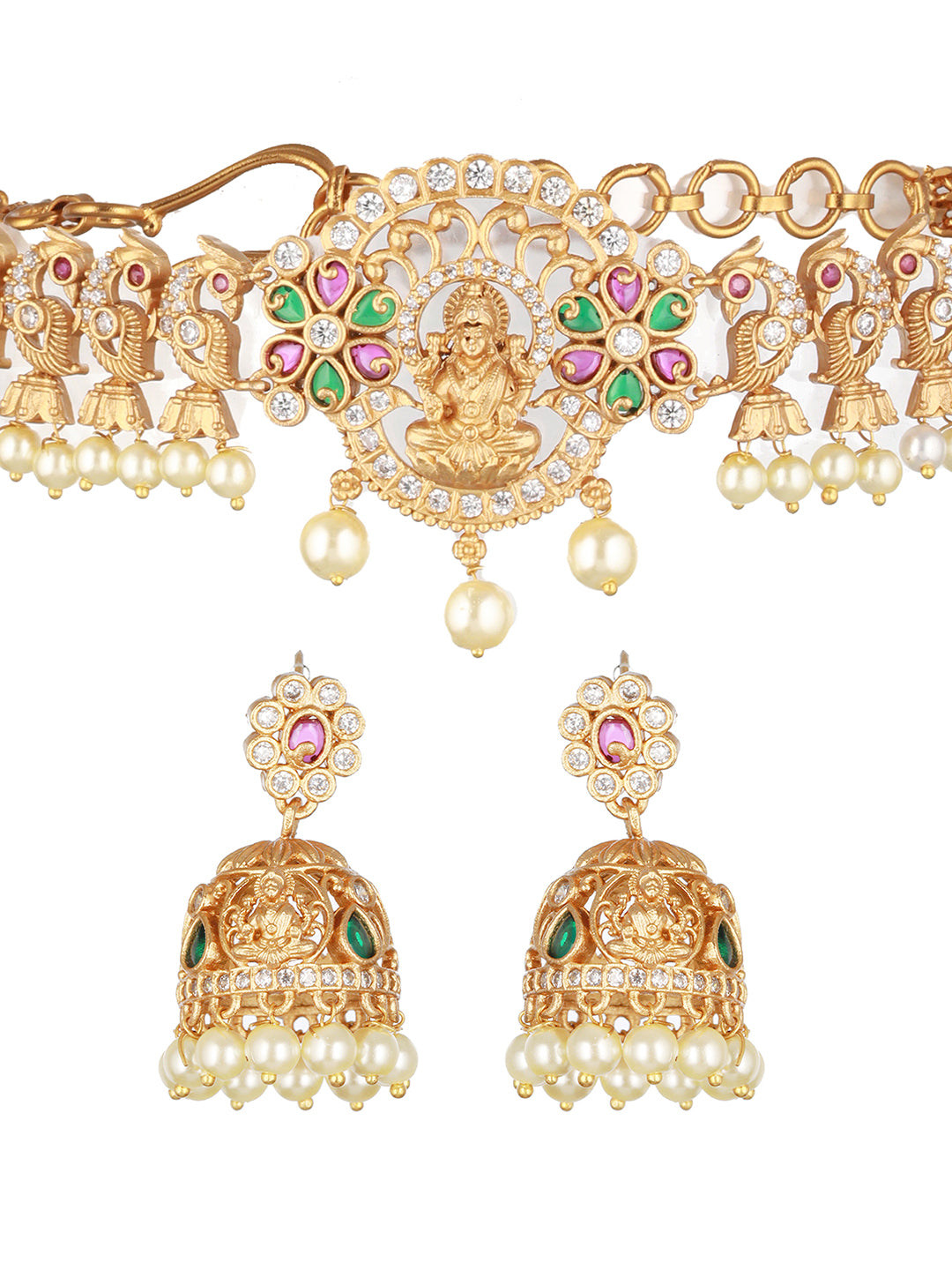 24K Gold-Plated AD Studded & Beaded Temple Jewellery Set - Jazzandsizzle