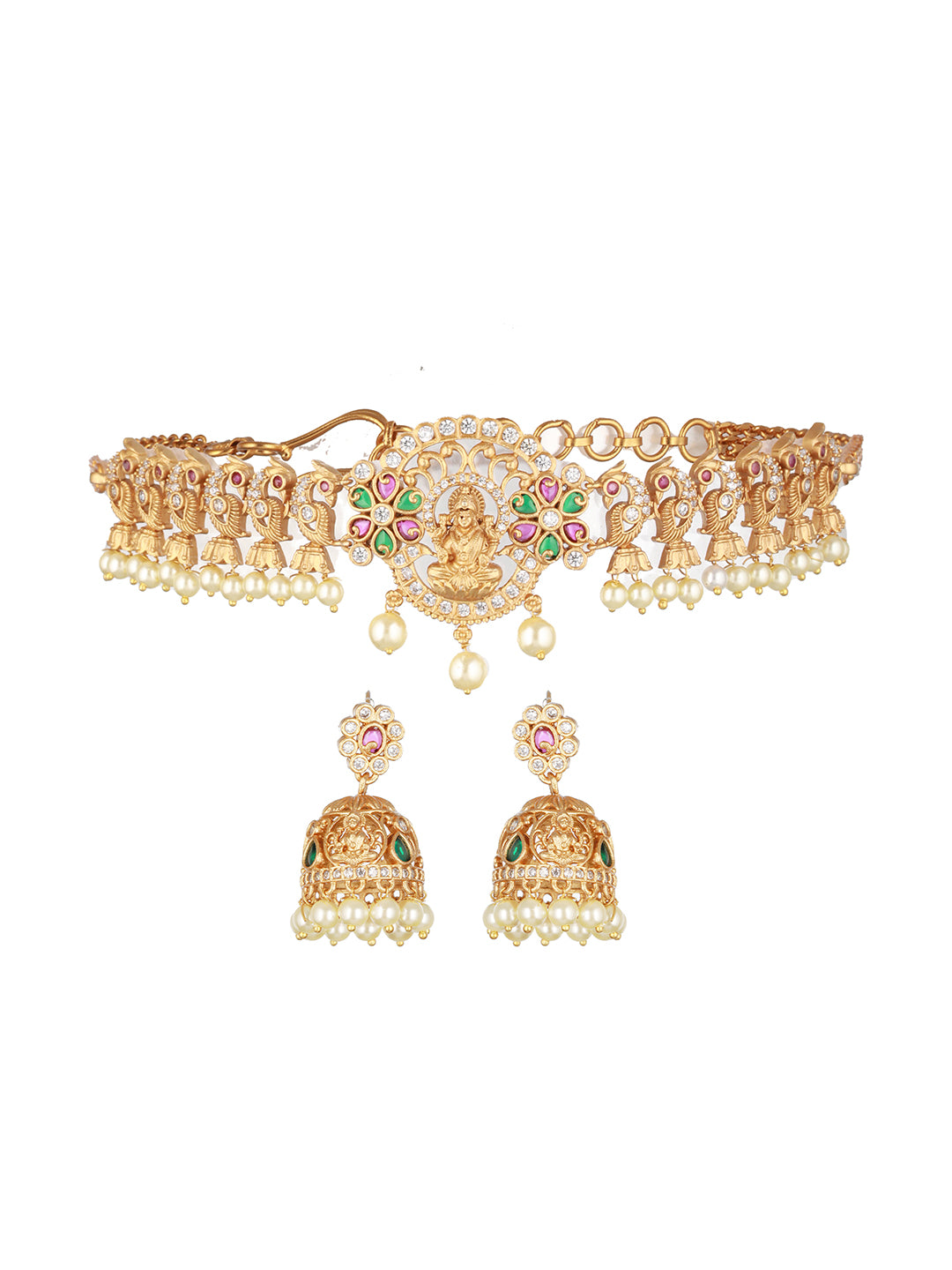 24K Gold-Plated AD Studded & Beaded Temple Jewellery Set - Jazzandsizzle