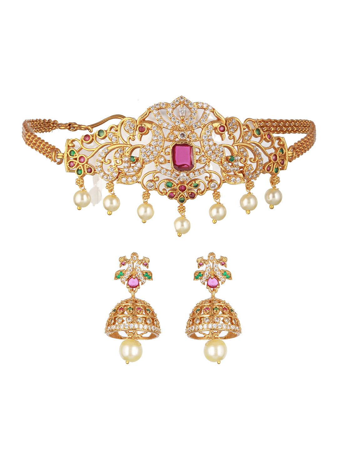 24K Gold-Plated AD Studded & Artificial Beaded Temple Jewellery Set - Jazzandsizzle