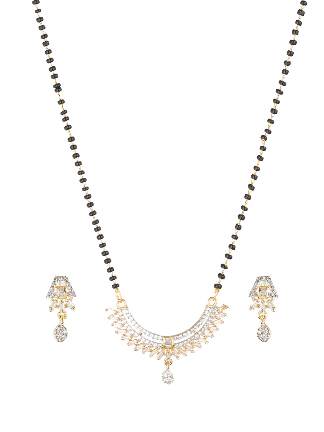 Black Gold-Plated Beaded & AD Studded Mangalsutra & Earrings Set - Jazzandsizzle