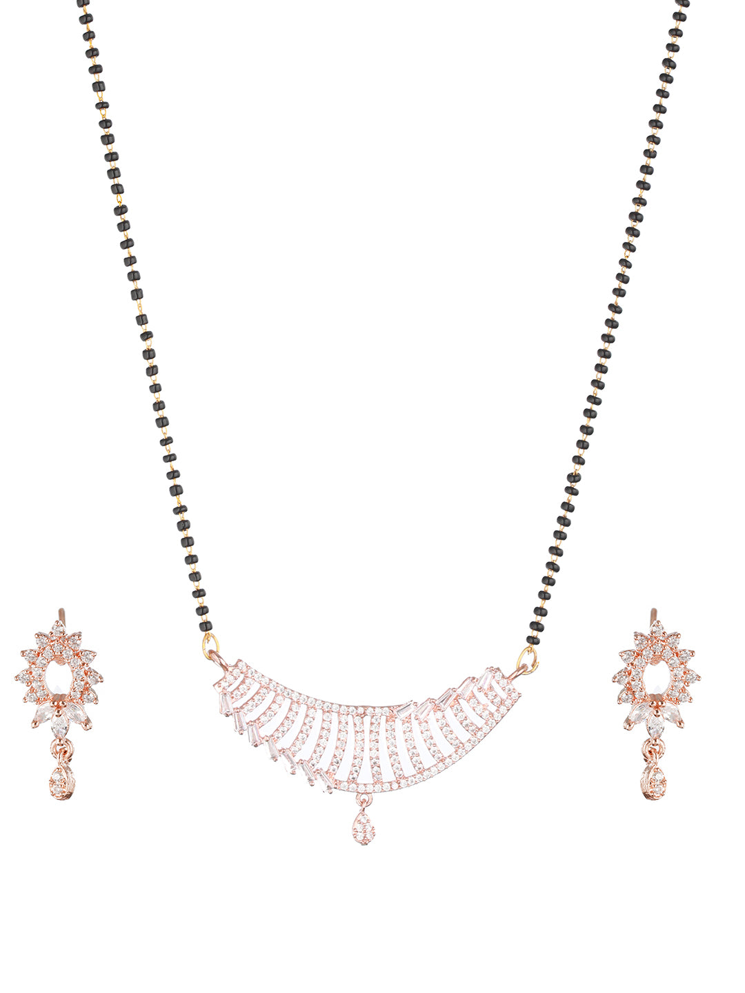 Rose Gold-Plated Black Beaded & CZ Stone-Studded Mangalsutra with Earrings - Jazzandsizzle
