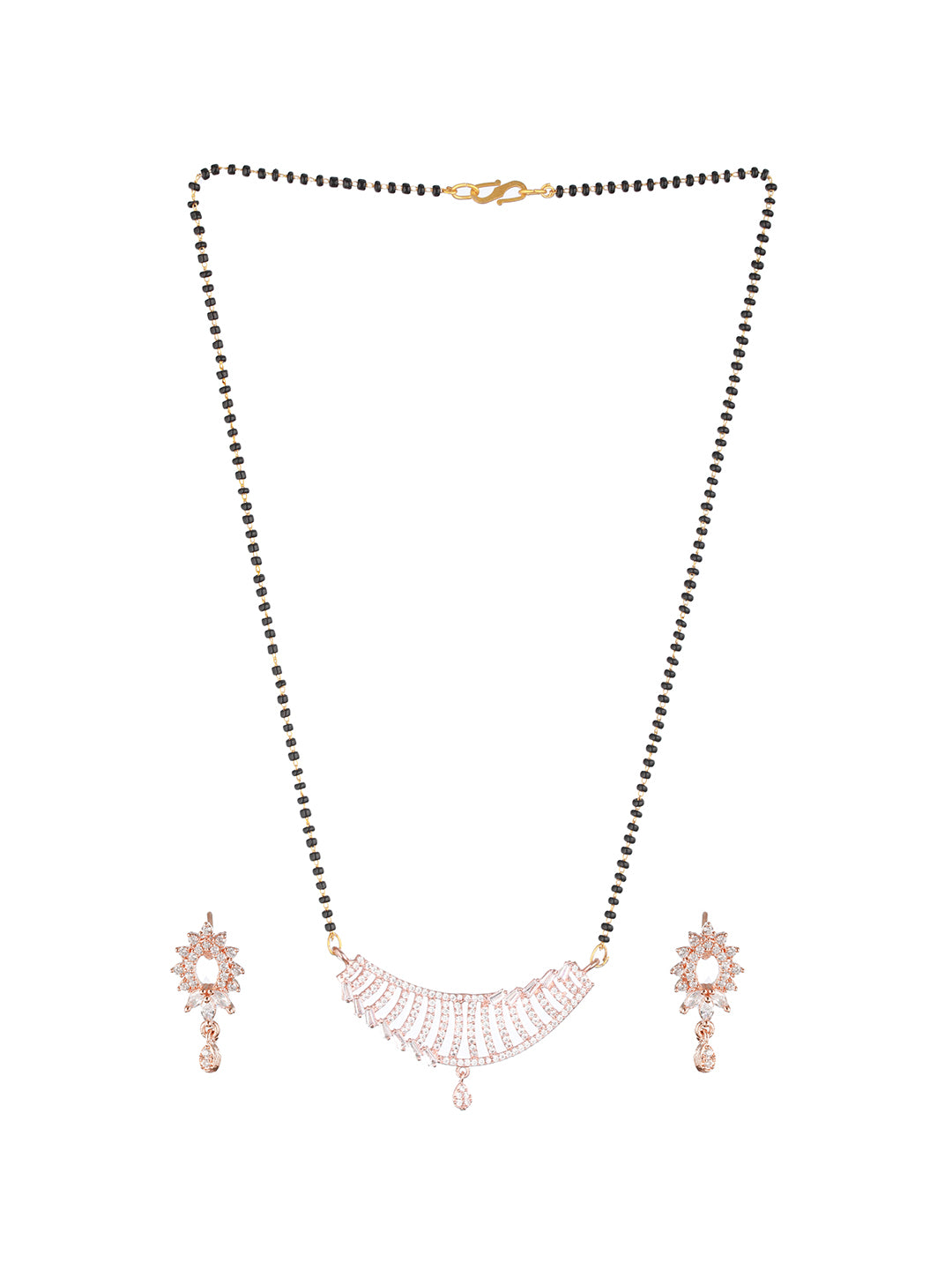 Rose Gold-Plated Black Beaded & CZ Stone-Studded Mangalsutra with Earrings - Jazzandsizzle