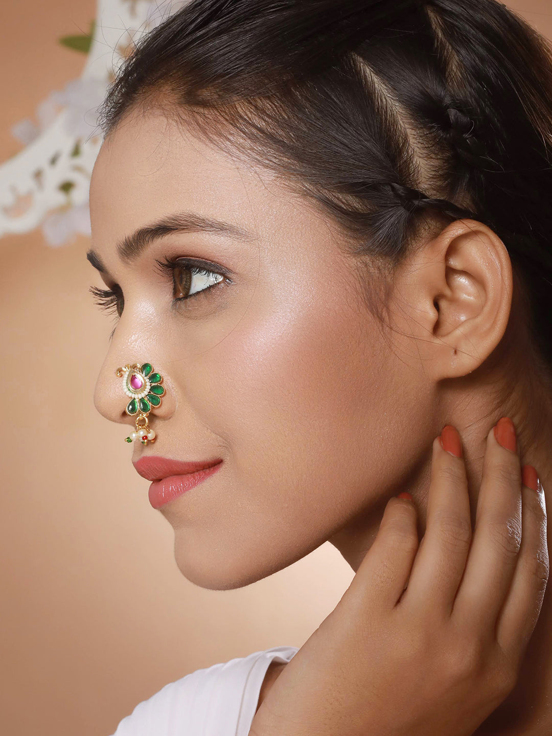 Gold-Plated White Kundan-Studded Clip-On Nose Pin With Beaded Extension - Jazzandsizzle