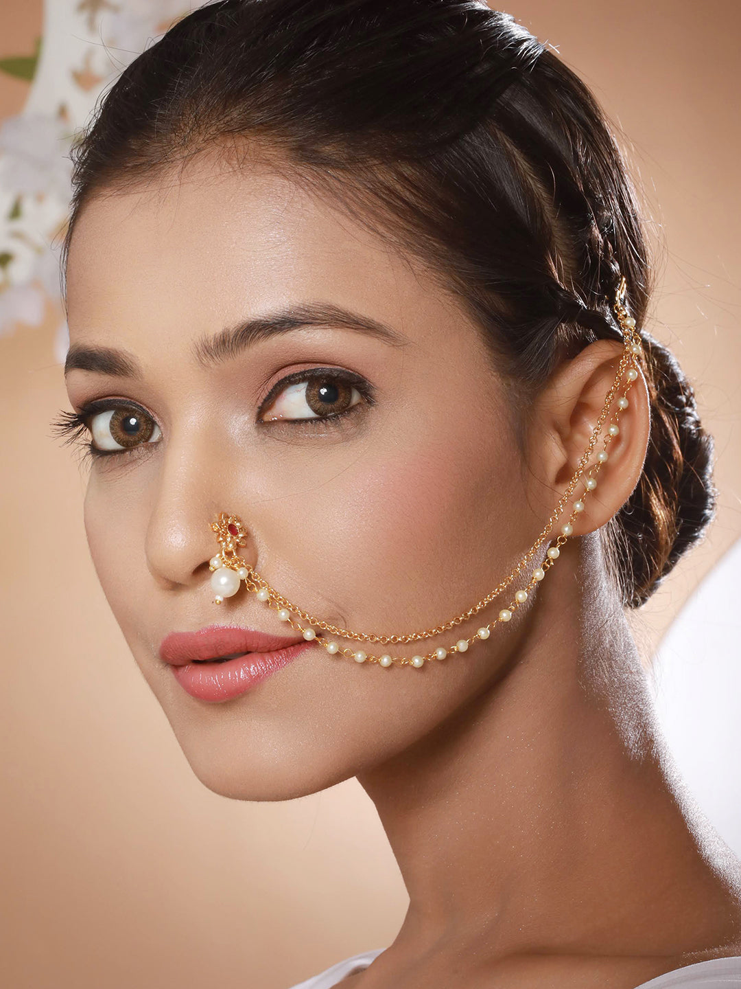 Gold-Plated White Kundan-Studded Clip-On Nose Pin With Beaded Extension