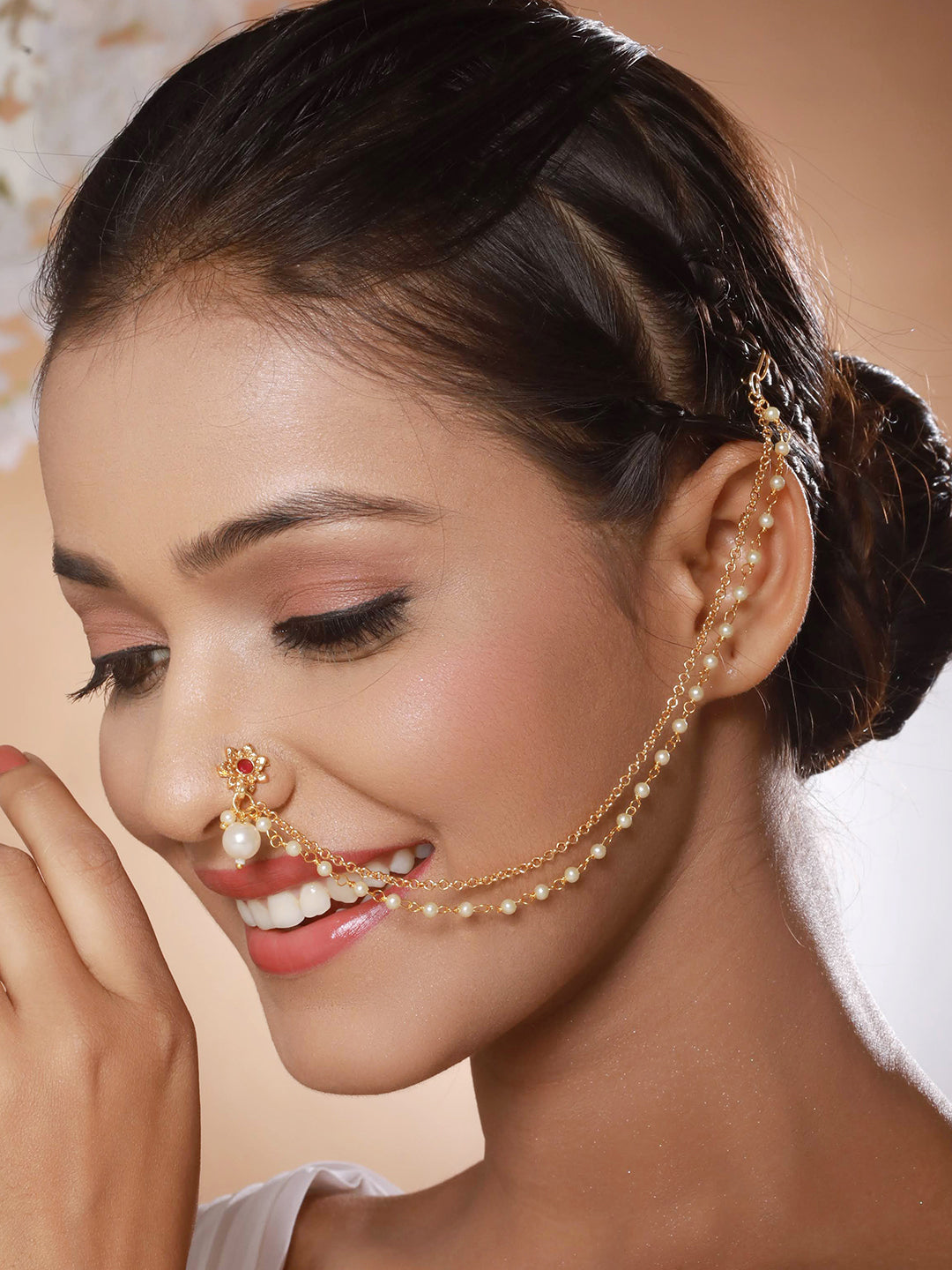 Gold-Plated White Kundan-Studded Clip-On Nose Pin With Beaded Extension - Jazzandsizzle