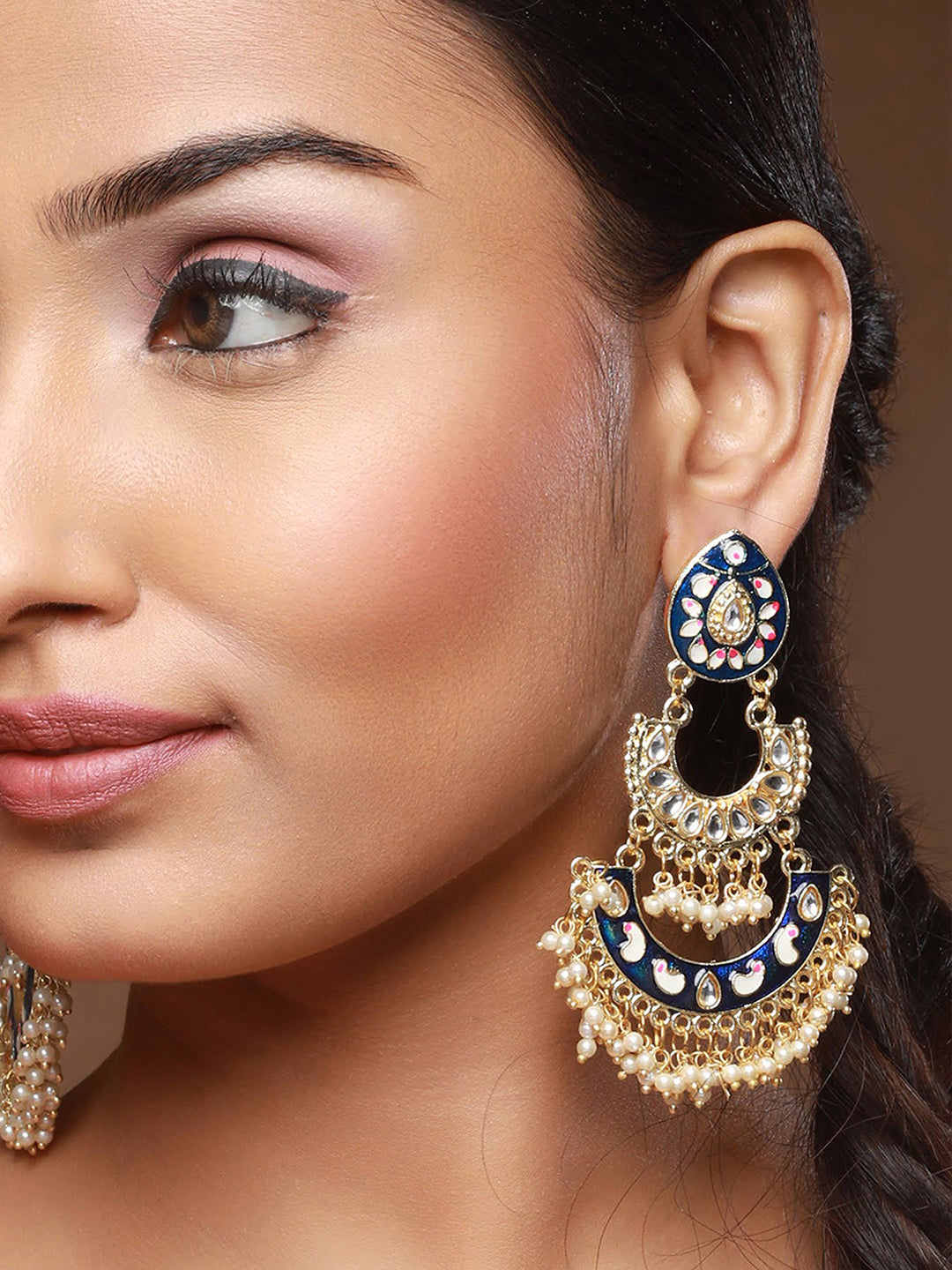Blue Gold-Plated Meenakari & Pearls Beaded Chandbalis Earrings - Jazzandsizzle