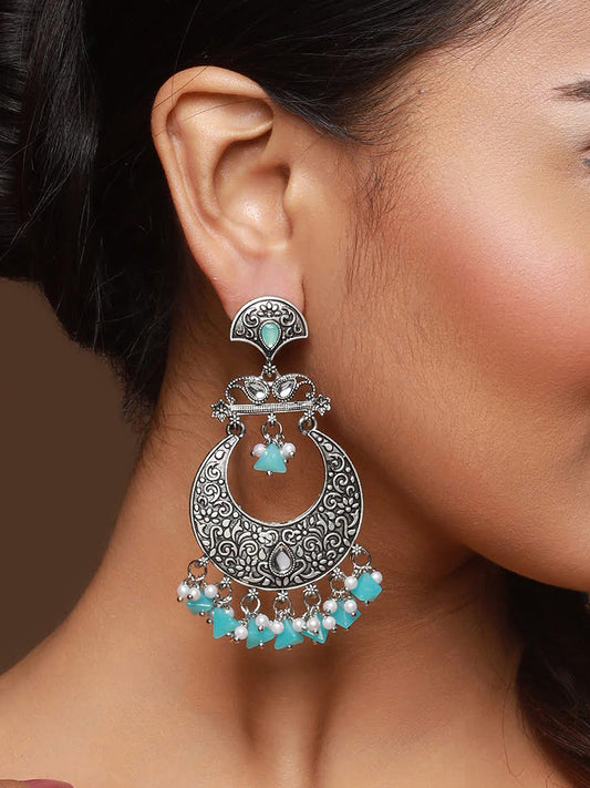 Oxidised Silver-Toned & Blue Stone Studded Chandbali Earrings - Jazzandsizzle