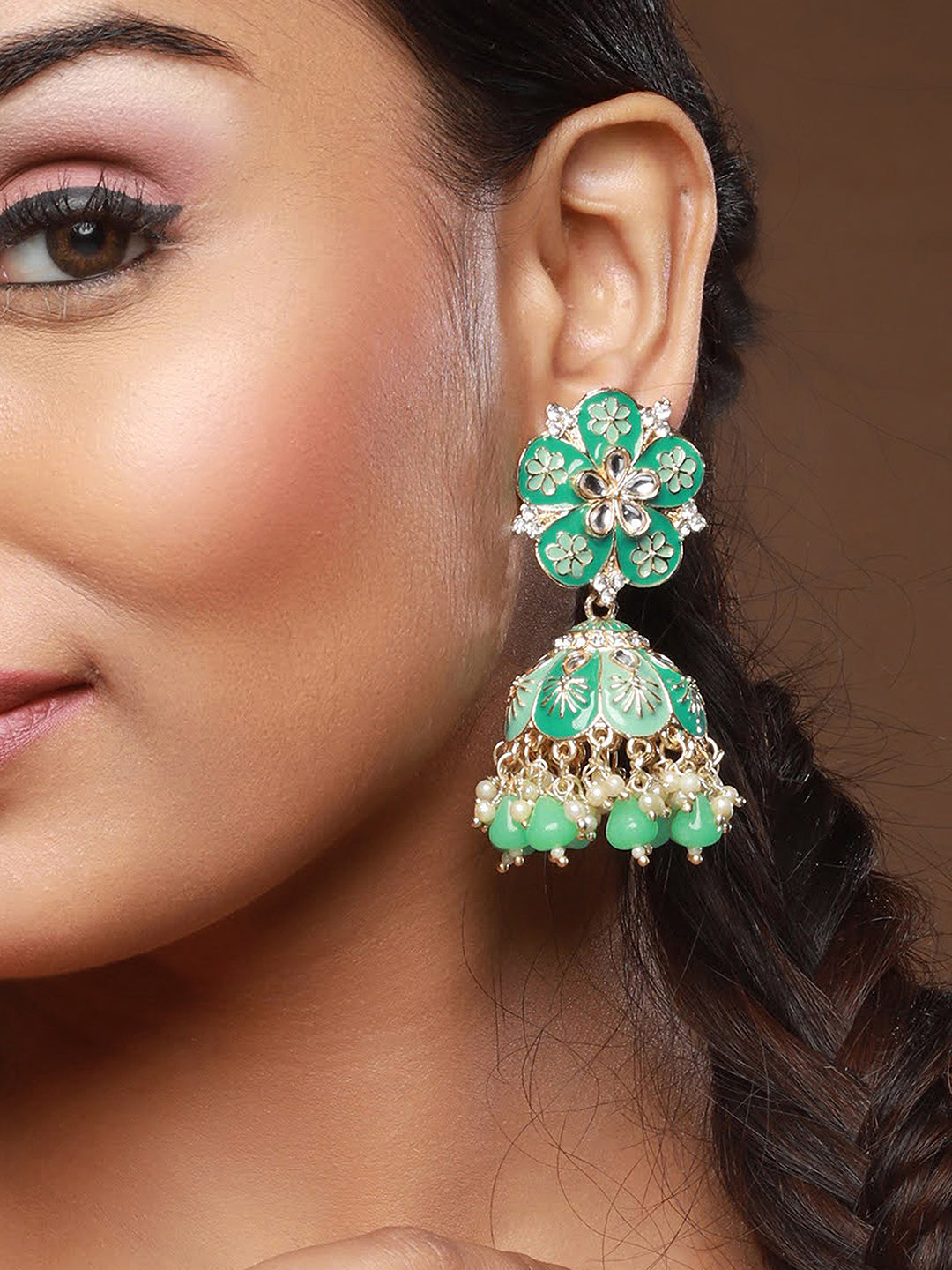 Gold-Plated & Sea Green Dome Shaped Jhumkas - Jazzandsizzle