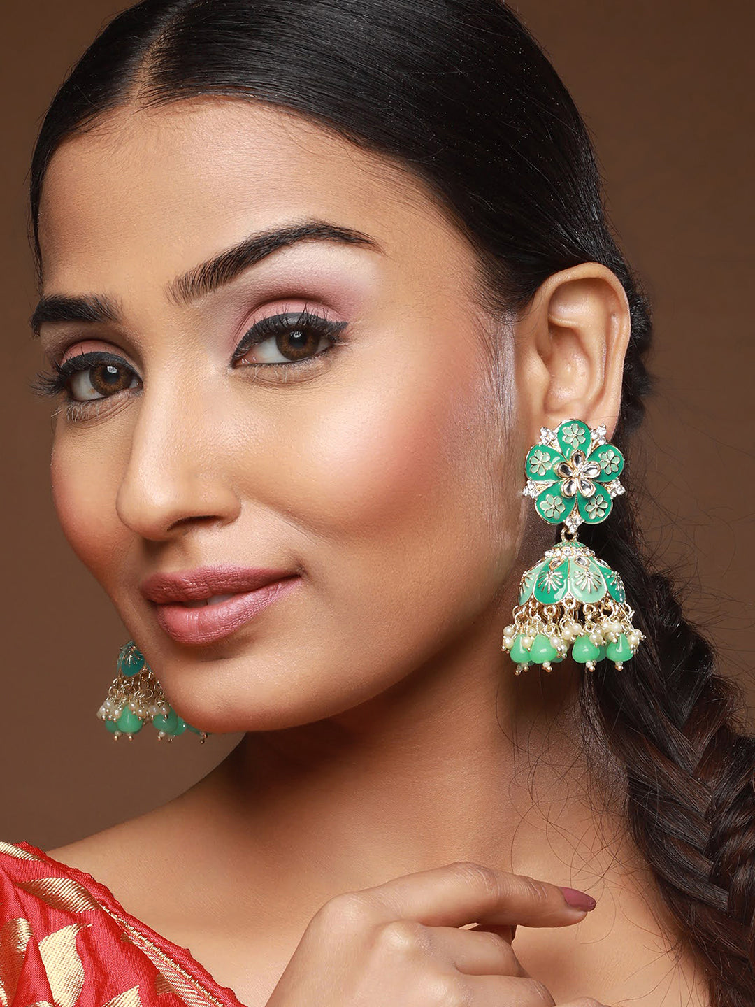 Gold-Plated & Sea Green Dome Shaped Jhumkas - Jazzandsizzle