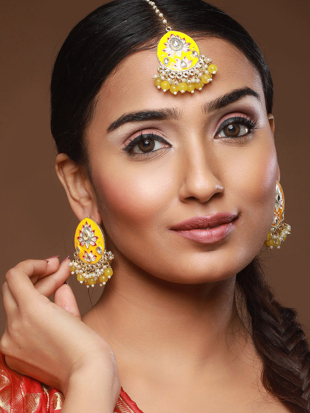 Gold-Plated Pink Meenakari Kundan-Studded & Beaded Yellow Maangtikka with Drop Earrings - Jazzandsizzle