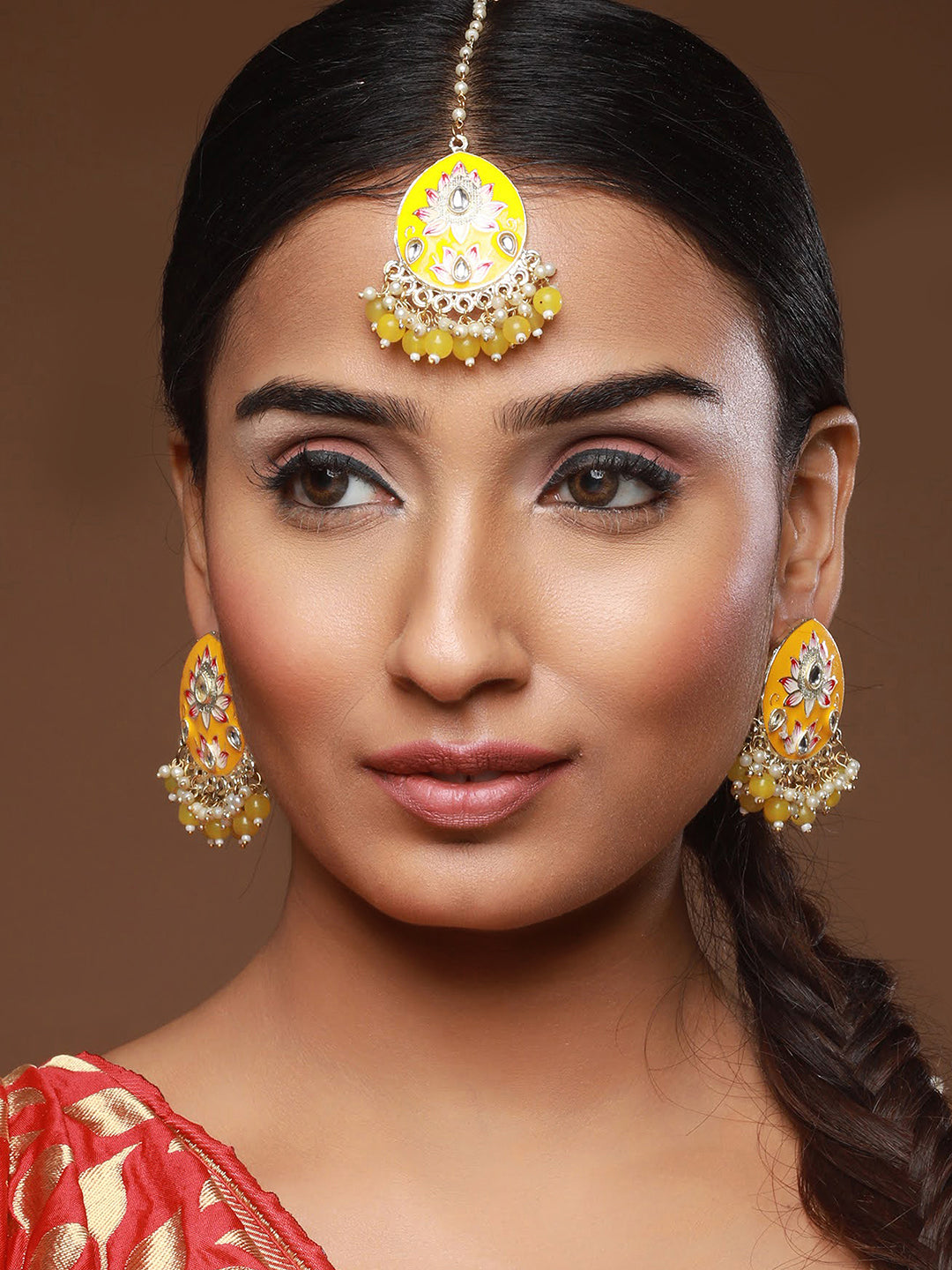 Gold-Plated Pink Meenakari Kundan-Studded & Beaded Yellow Maangtikka with Drop Earrings - Jazzandsizzle