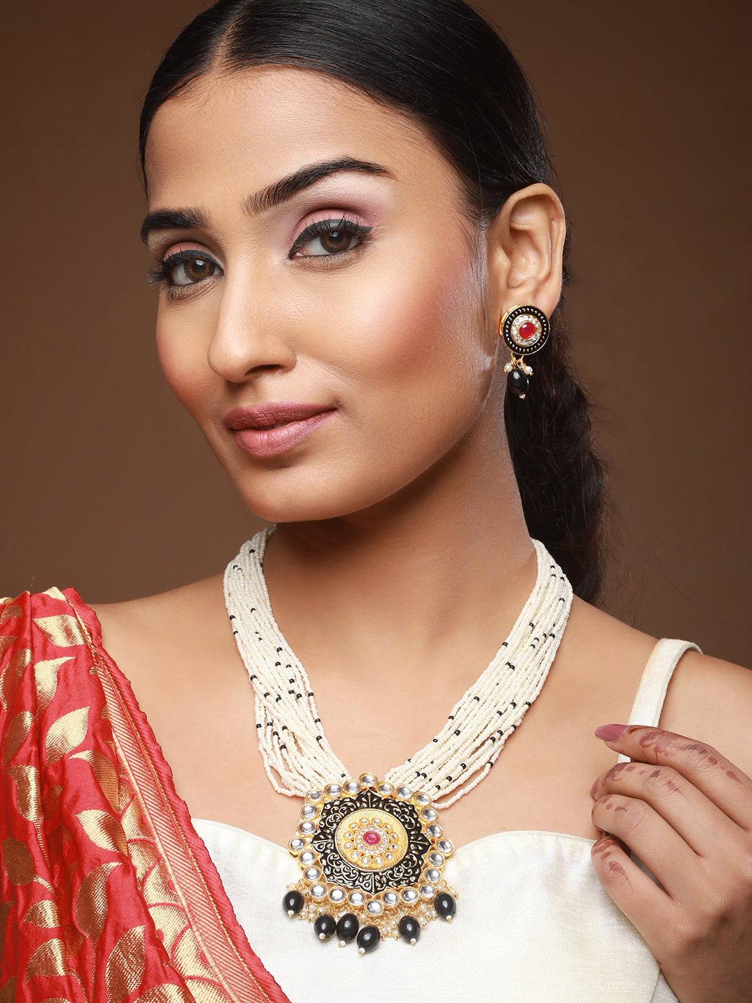 Gold-Plated Stone-Studded & Beaded Meenakari Jewellery Set - Jazzandsizzle