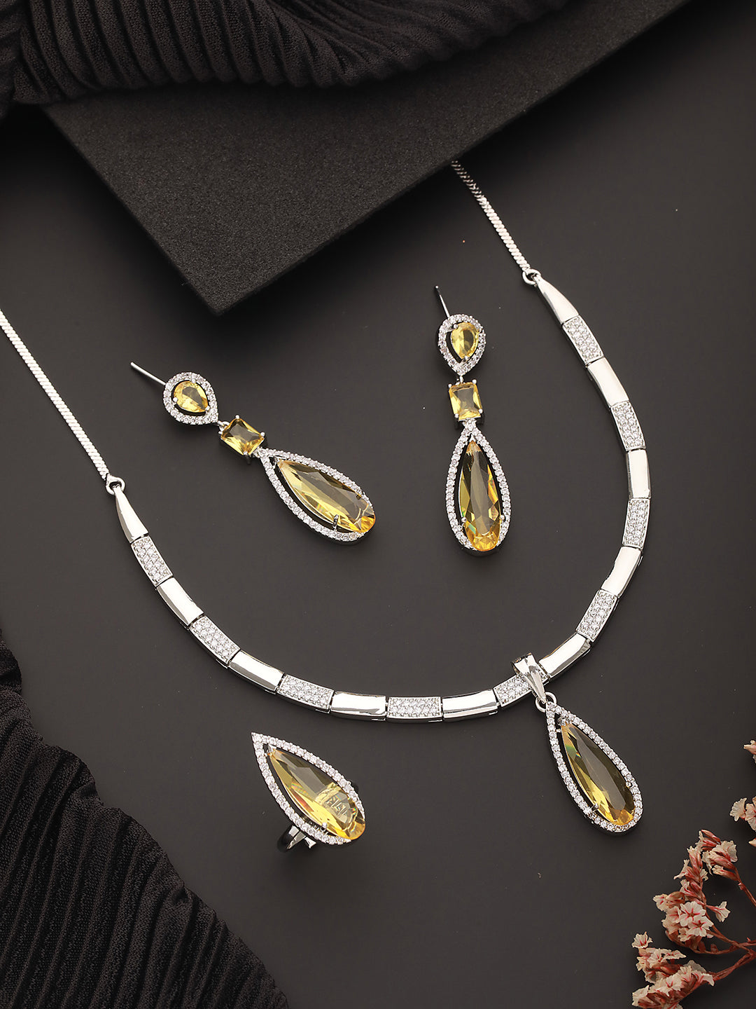 Jazz And Sizzle Rhodium-Plated Yellow American Diamond Studded Handcrafted Necklace &amp; Earrings Set with Adjustable Ring