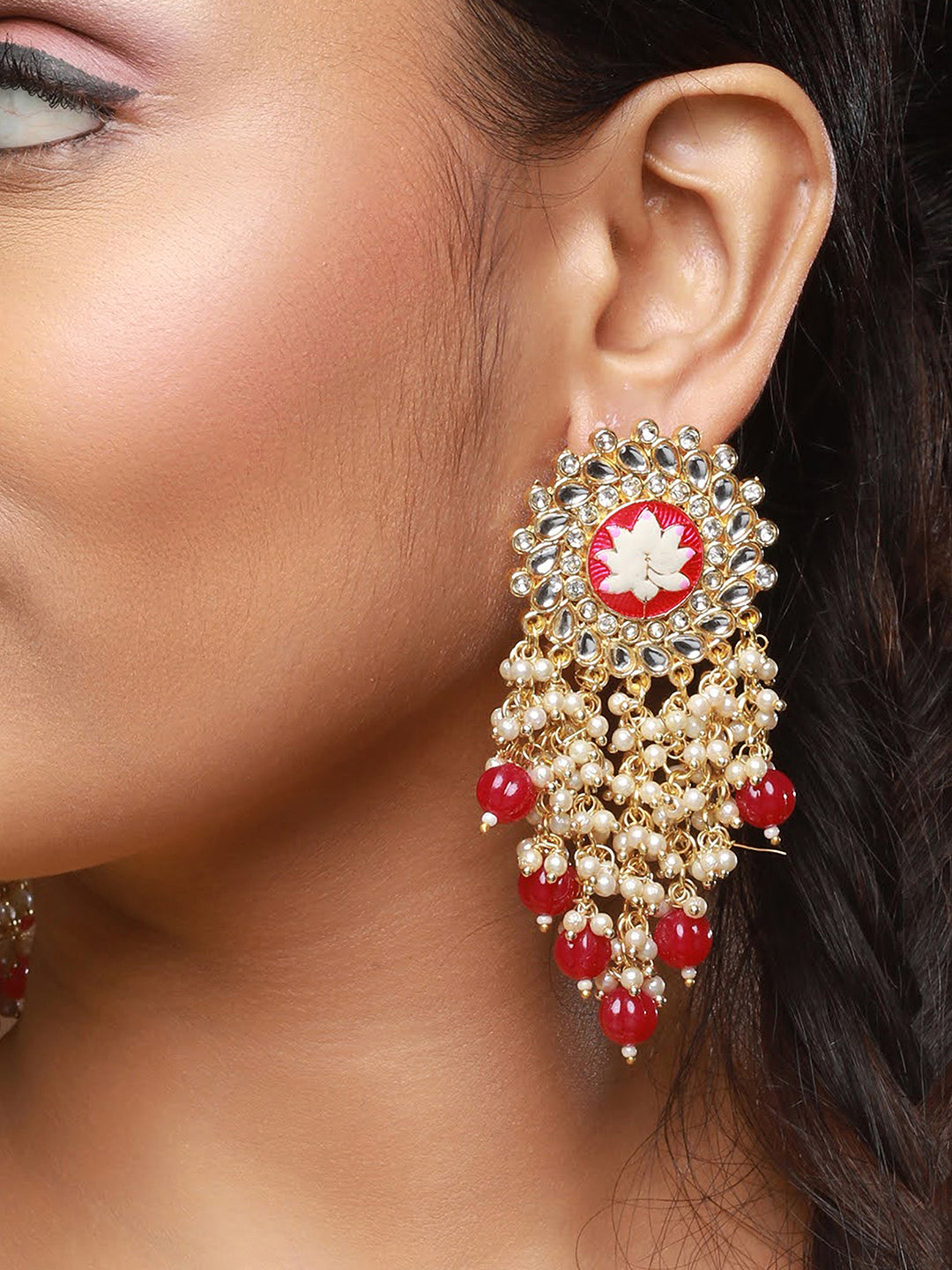 Maroon Gold Plated &CZ Studded & Beaded Meenakari Drop Earrings - Jazzandsizzle